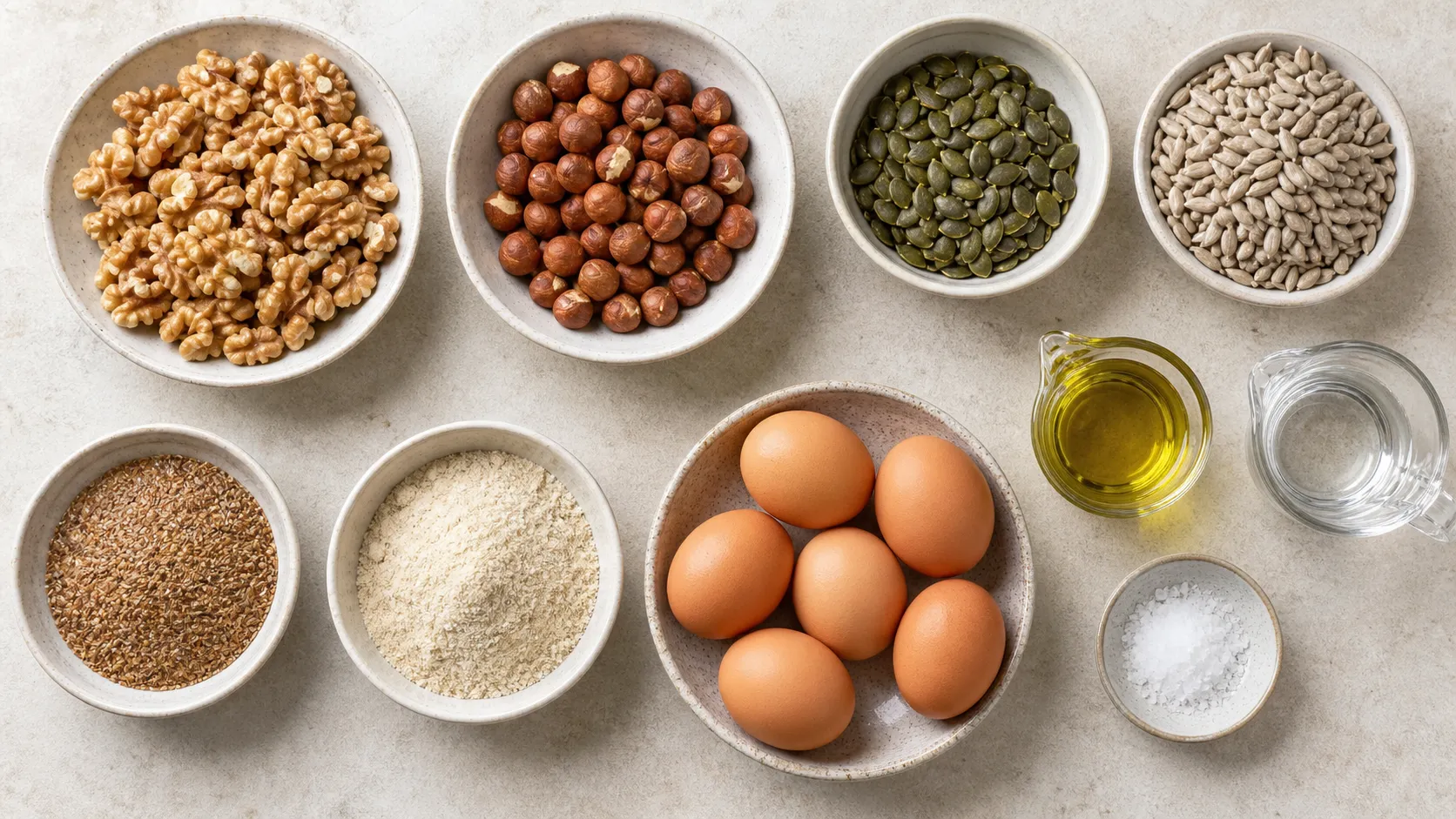 Zutaten für Keto Nussbrot: Walnüsse, Haselnüsse, Kürbiskerne, Sonnenblumenkerne, Leinsamen, Flohsamenschalen und Eier