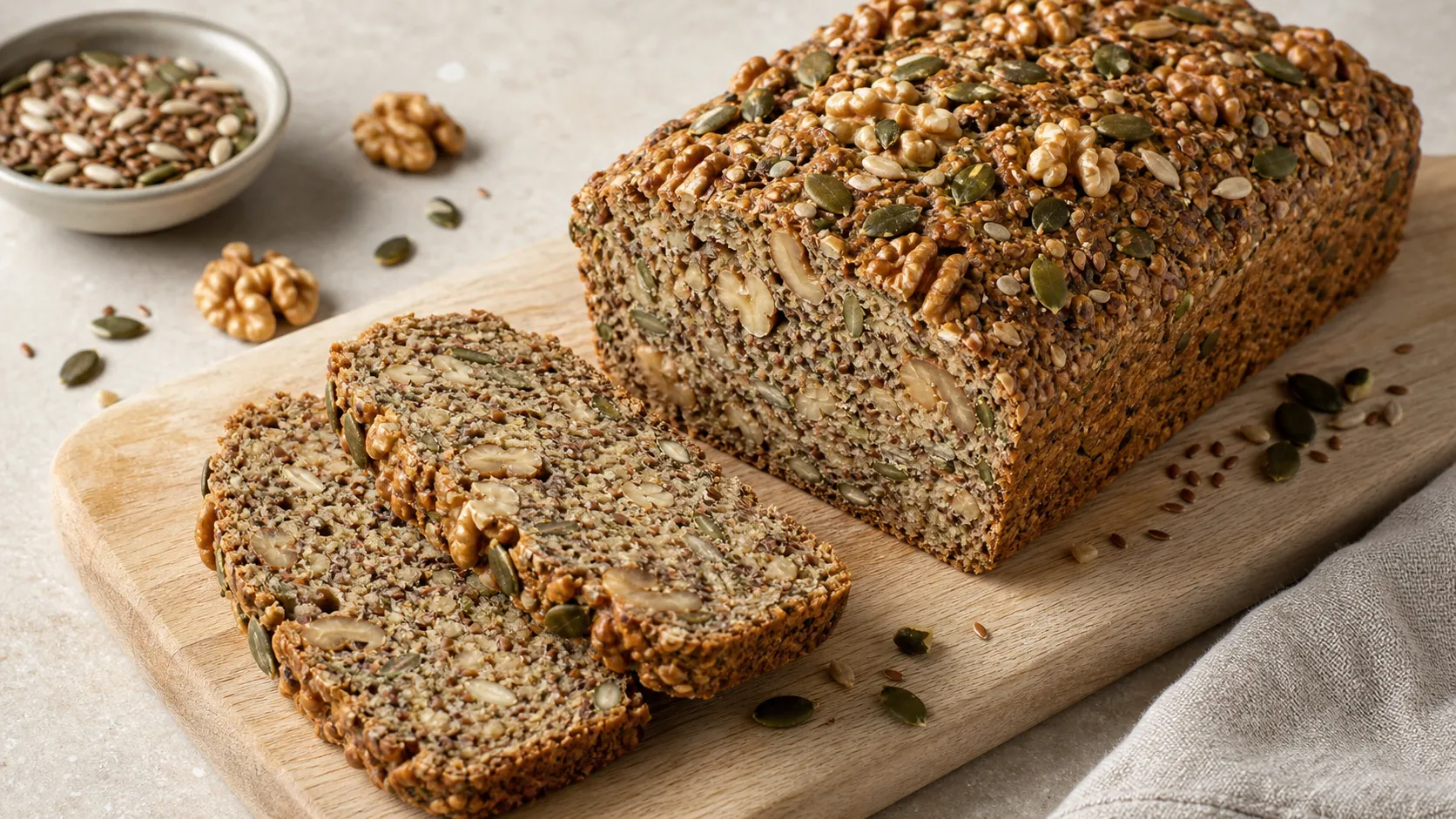 Angeschnittenes Keto Nussbrot mit sichtbaren ganzen Walnüssen und Kürbiskernen