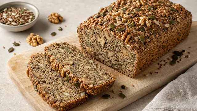 Angeschnittenes Keto Nussbrot mit sichtbaren ganzen Walnüssen und Kürbiskernen
