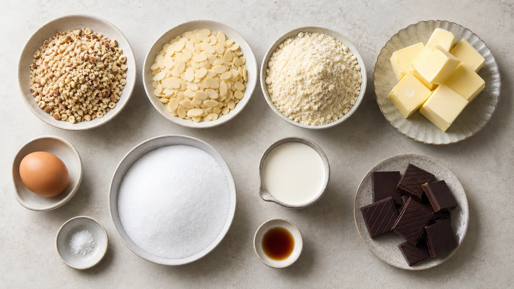 Zutaten für Keto Nussecken: Haselnüsse, Mandeln, Mandelmehl, Butter, Erythrit und Zartbitterschokolade