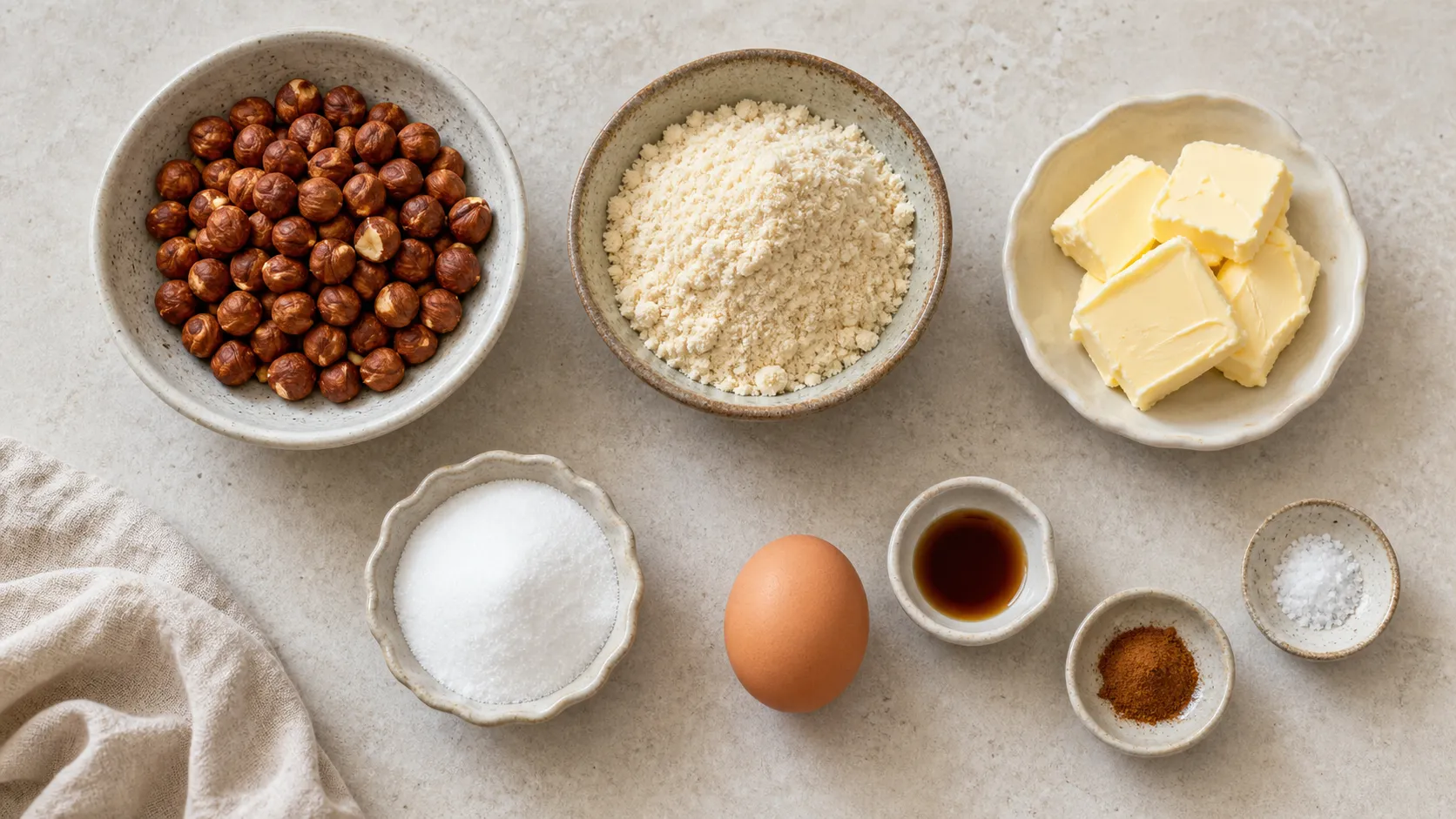 Zutaten für Keto Nusstaler: Haselnüsse, Mandelmehl, Butter, Ei, Erythrit und Zimt