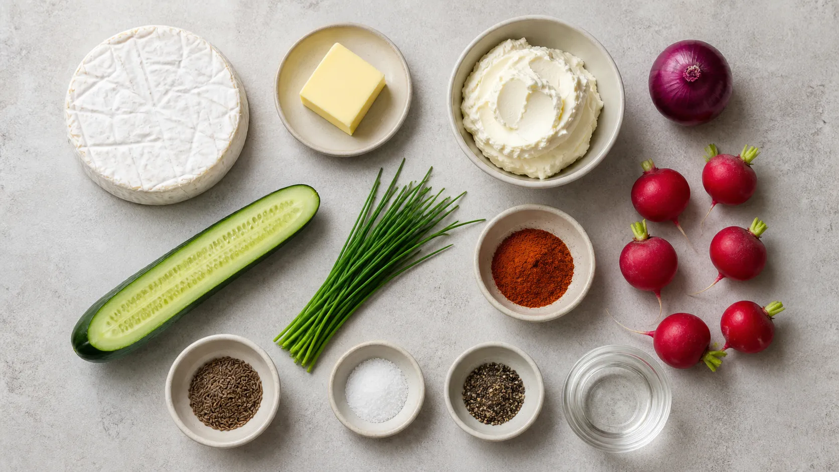 Zutaten für Keto-Obatzda: reifer Camembert, Butter, Frischkäse, Zwiebel, Paprikapulver und Kümmel