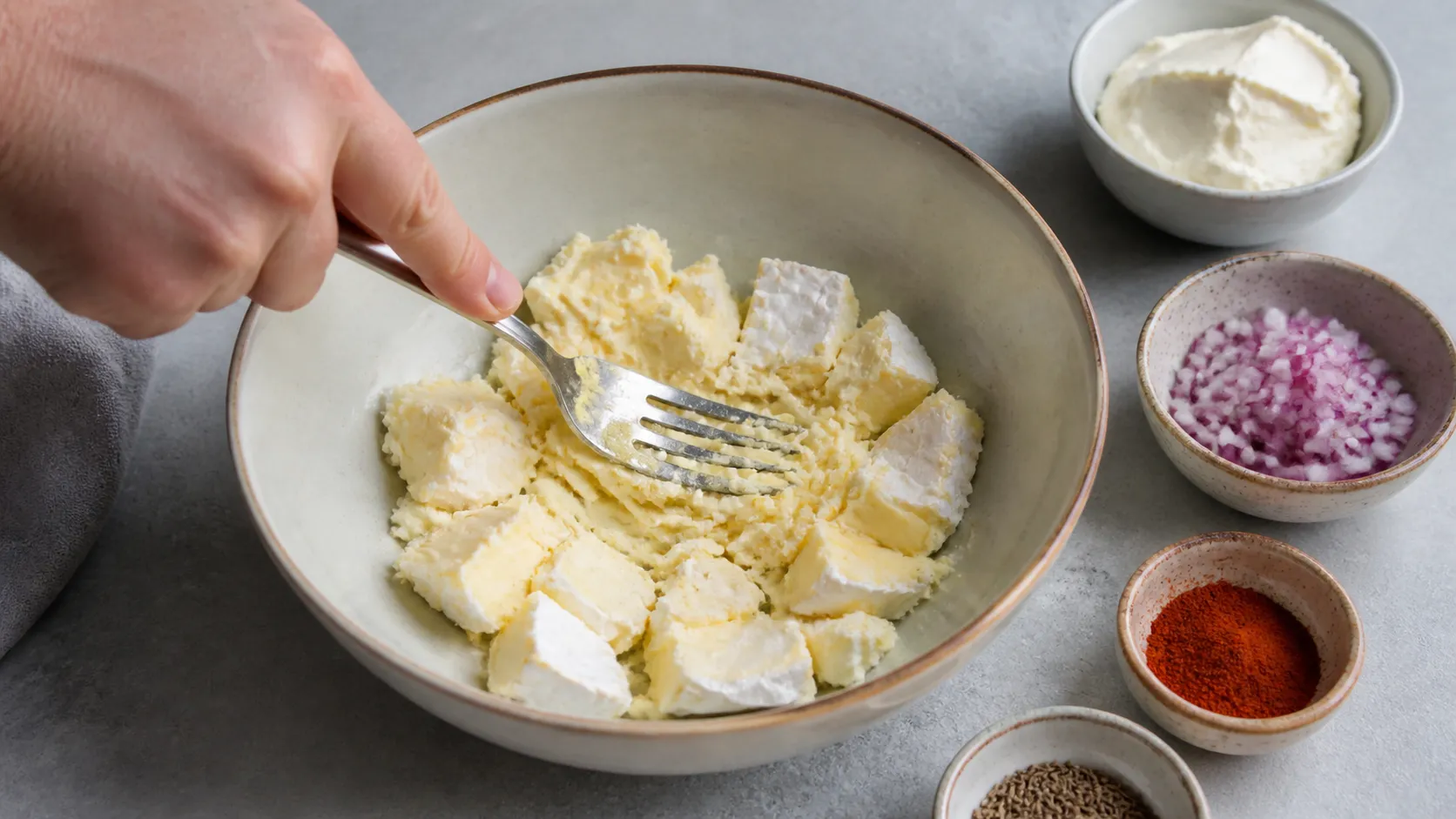 Camembert wird mit einer Gabel in einer Schüssel zerdrückt und mit Butter vermengt