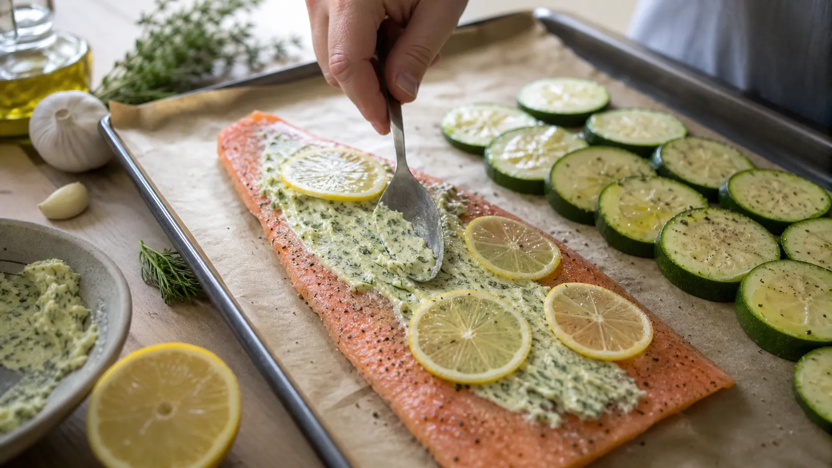 Forellenfilet wird auf dem Backblech mit Kräuterbutter bestrichen