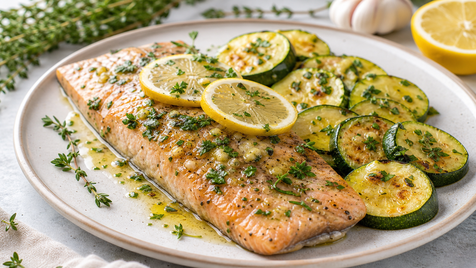 Fertige Keto-Ofen-Forelle mit Kräuterbutter, Zitrone und gerösteter Zucchini