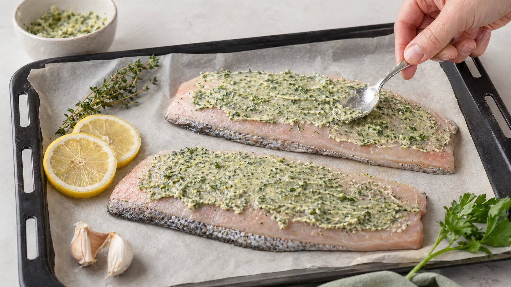 Forellenfilet mit Kräuterbutter und Kräutern einreiben für das Keto-Rezept