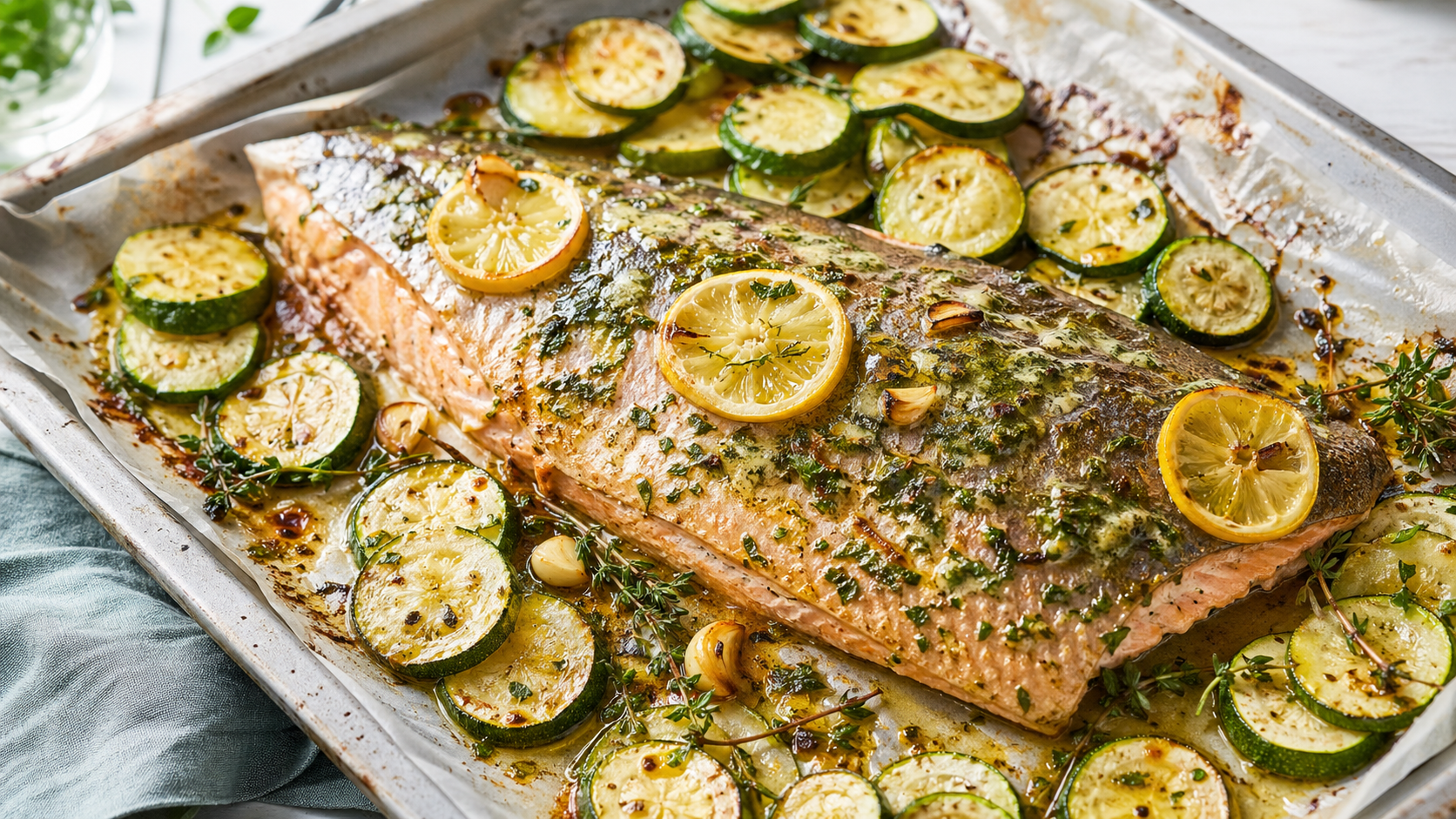 Keto-Forelle aus dem Ofen mit Kräuterbutter, Zitronenscheiben und gerösteten Zucchini auf dem Backblech