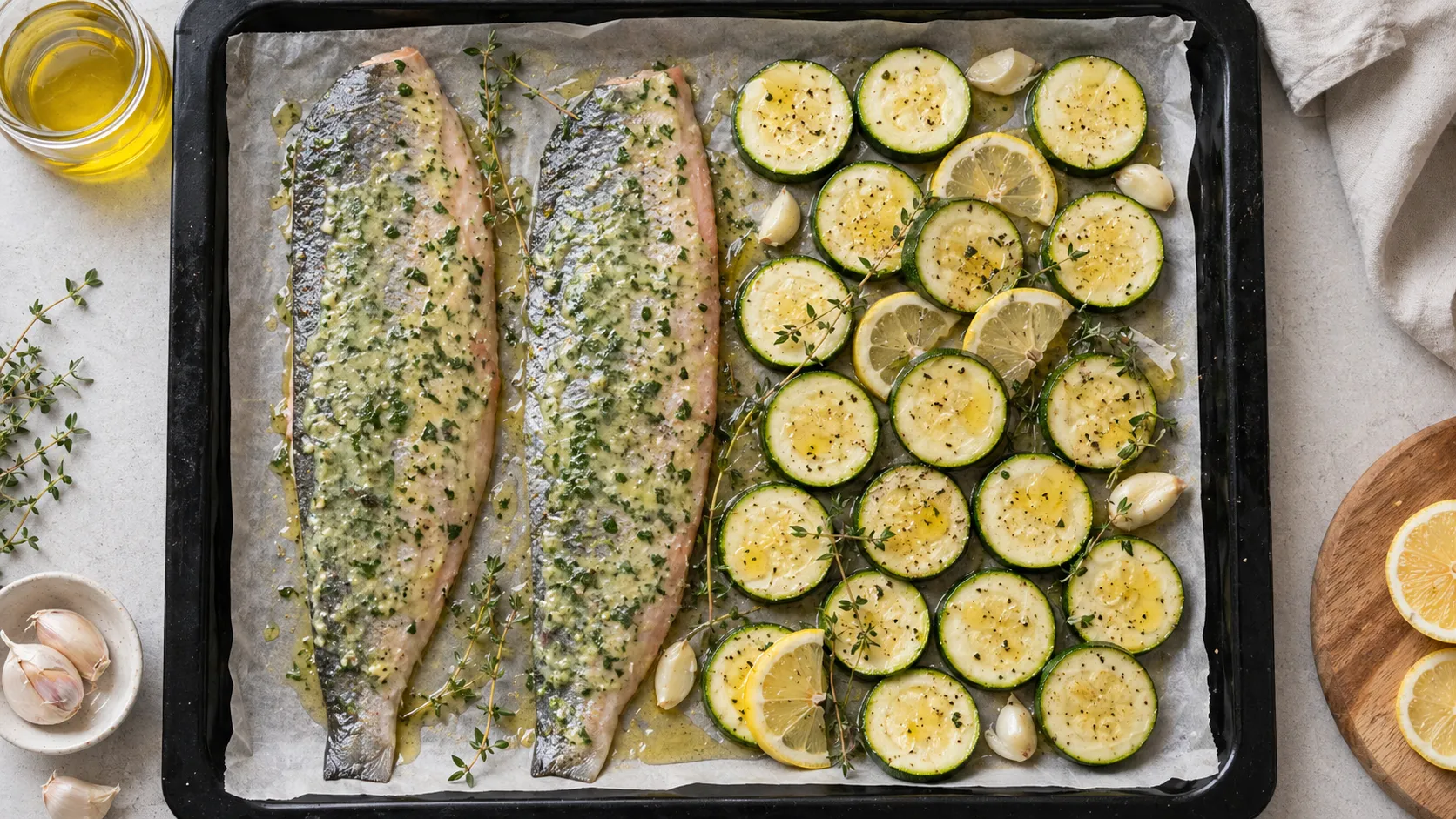 Forellenfilet und Zucchini-Scheiben zusammen auf dem Backblech für das Keto-Abendessen