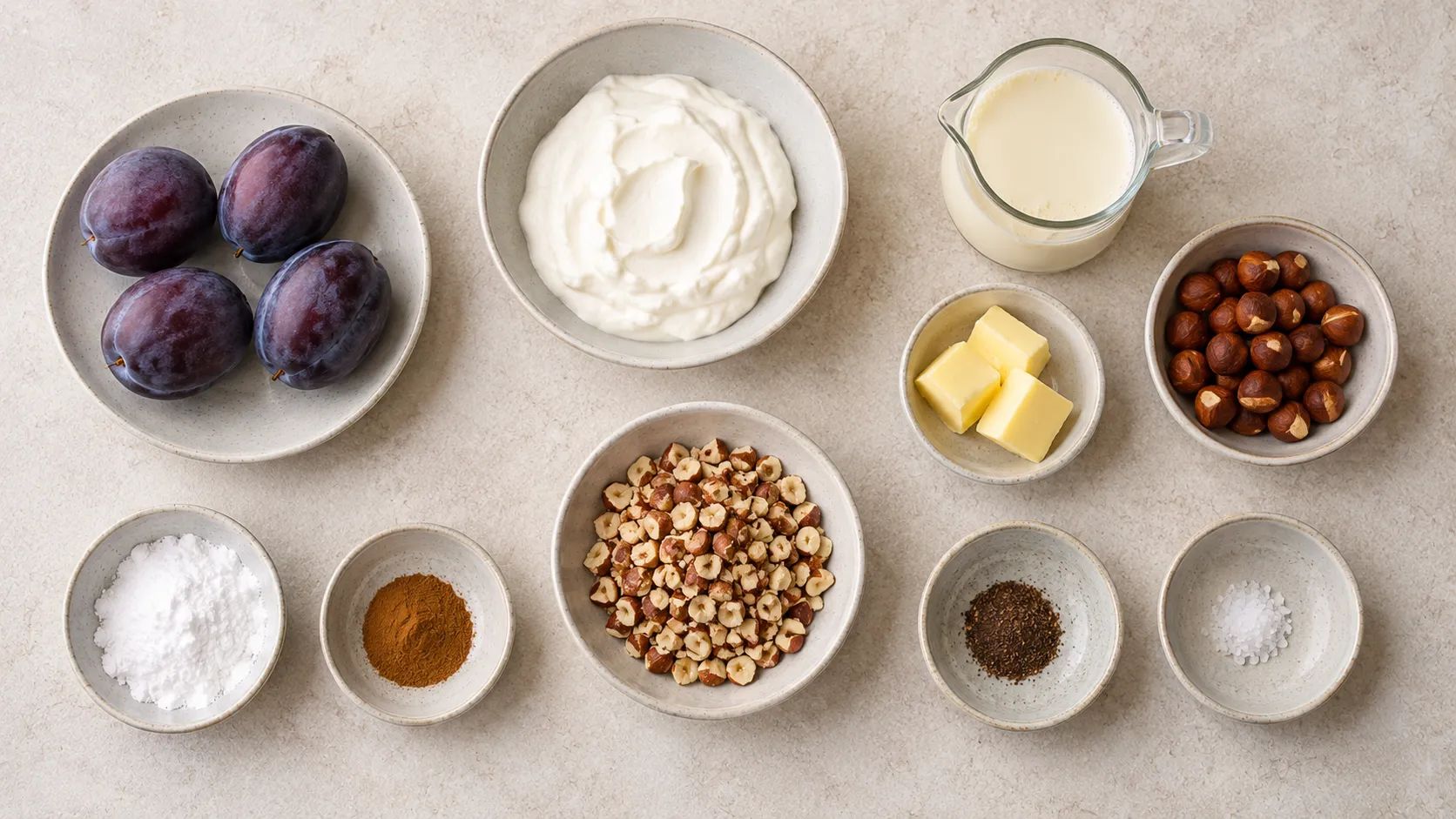 Zutaten für Keto-Ofen-Zwetschgen: vier frische Zwetschgen, Speisequark, Sahne, Butter, Haselnüsse, Erythrit, Zimt und Vanille