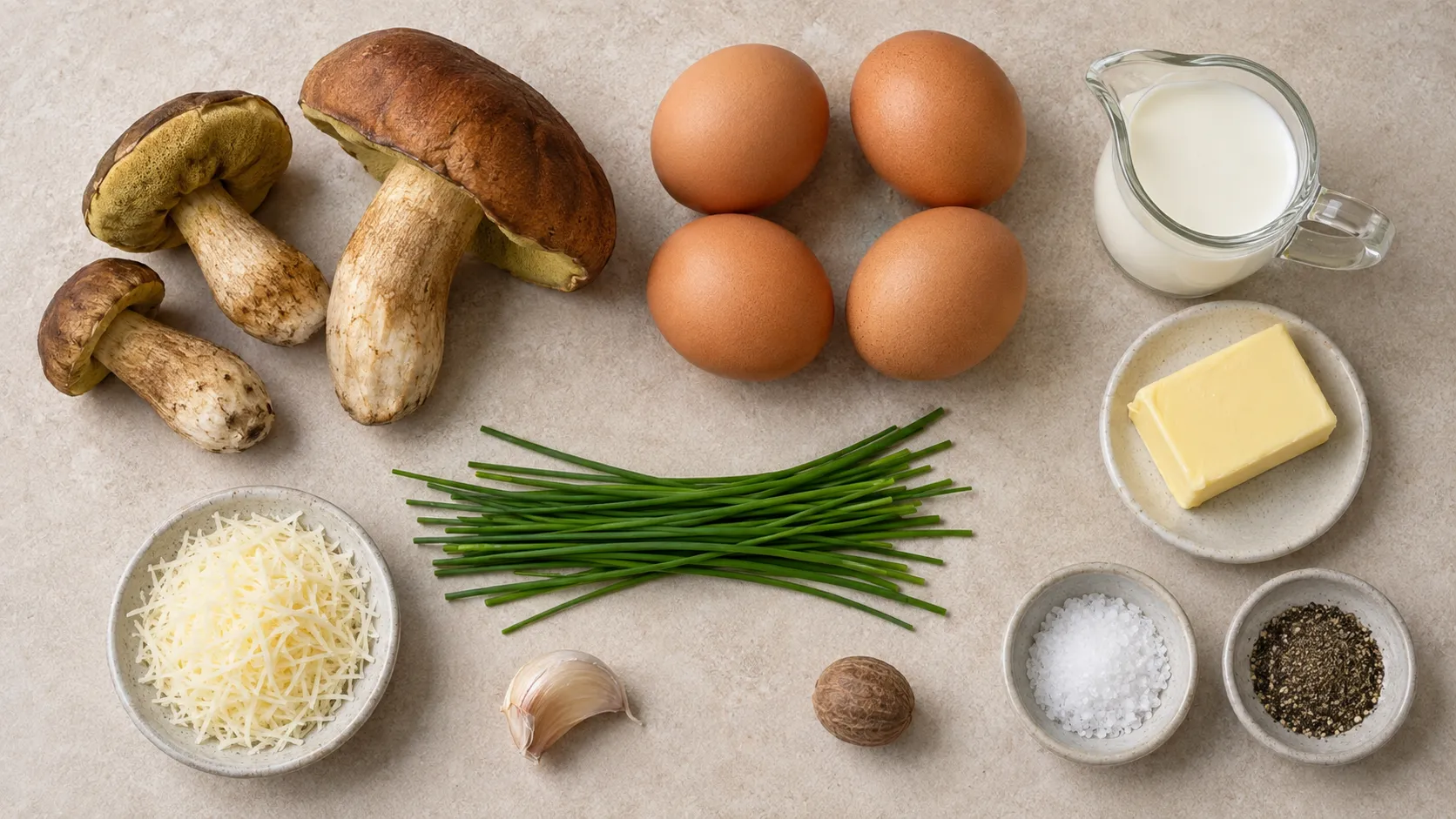 Zutaten für Keto-Ofeneier: frische Maronenröhrlinge, vier Eier, Sahne, Butter, geriebener Bergkäse und Schnittlauch
