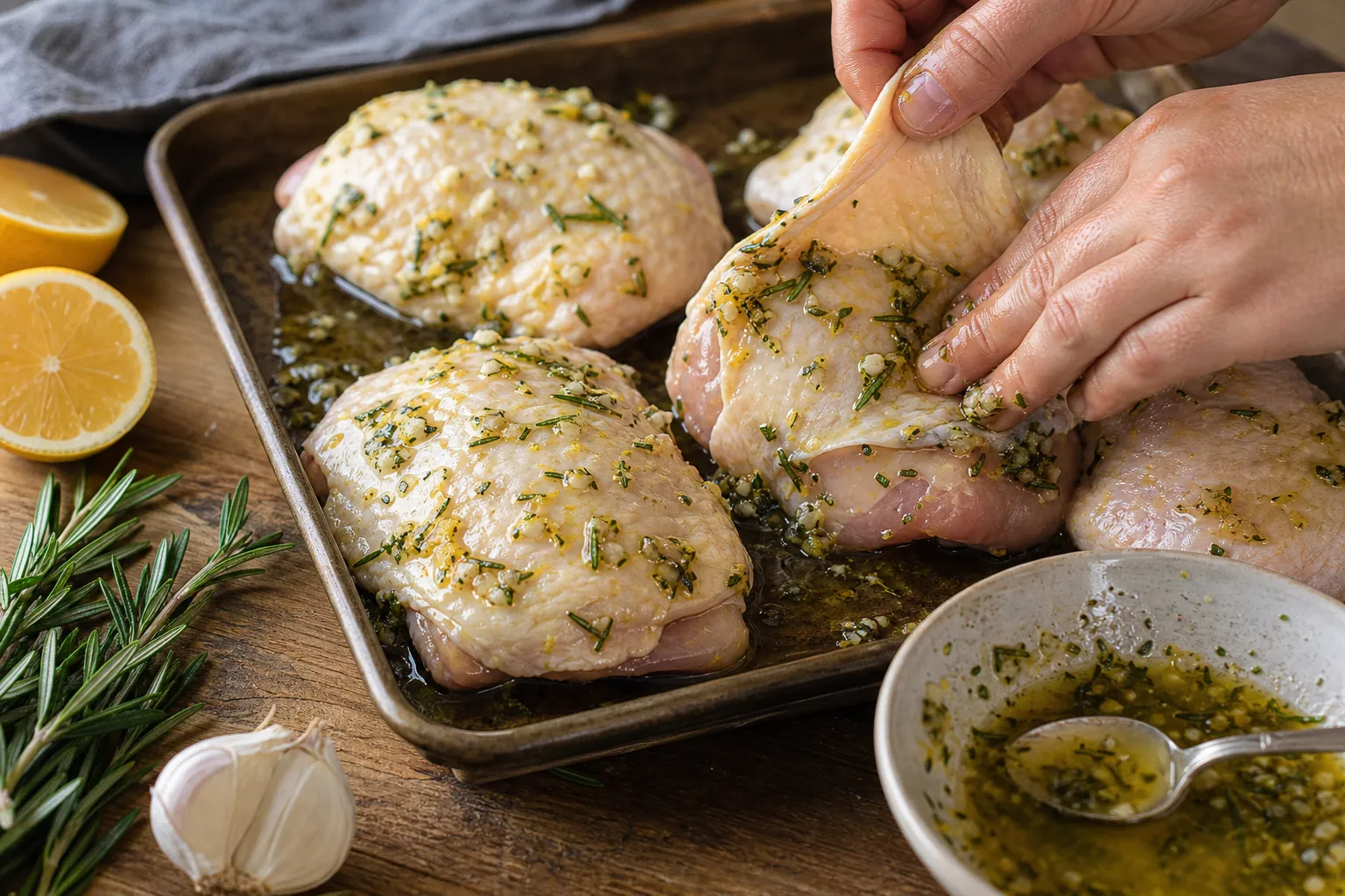 Hähnchen-Oberschenkel mit Zitronen-Rosmarin-Marinade einreiben für das Keto-Ofenrezept