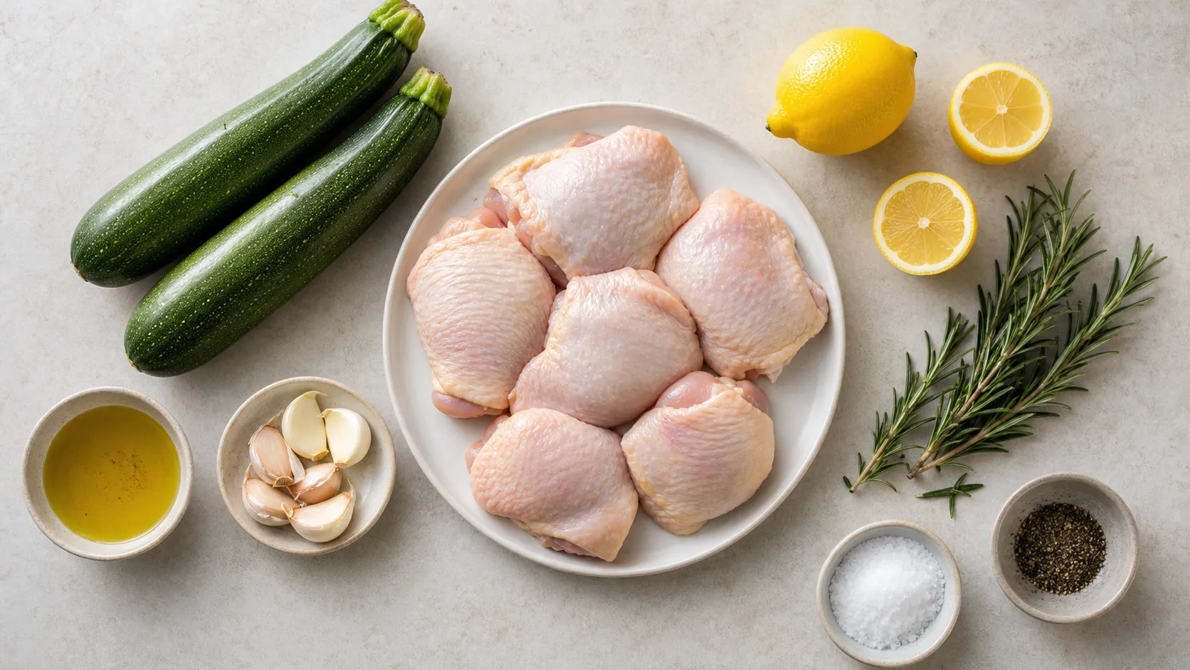 Zutaten für Keto-Ofenhähnchen mit Hähnchenoberschenkeln, Zucchini, Zitrone, Rosmarin und Knoblauch