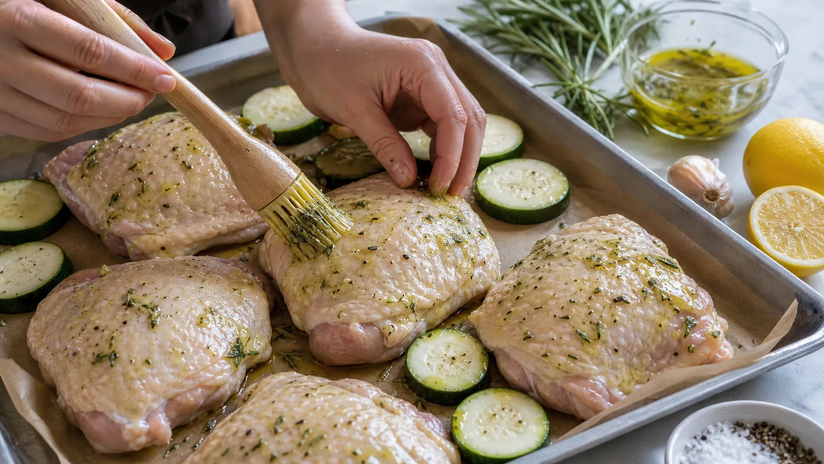 Hähnchen-Oberschenkel werden auf dem Backblech mit Zitronen-Rosmarin-Marinade eingerieben