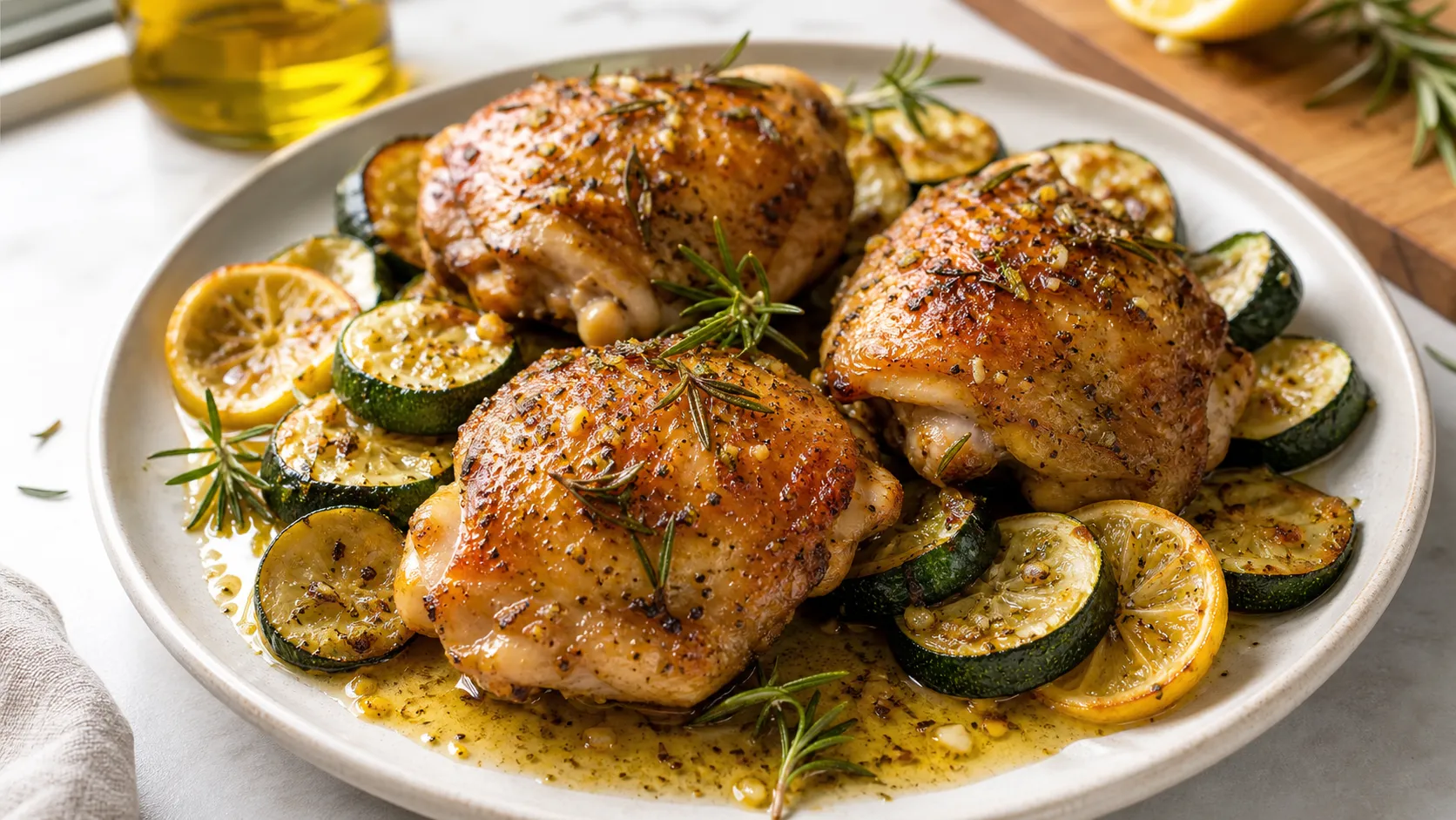 Fertiges Keto-Ofenhähnchen mit Zitronen-Rosmarin, knuspriger Haut und Zucchini
