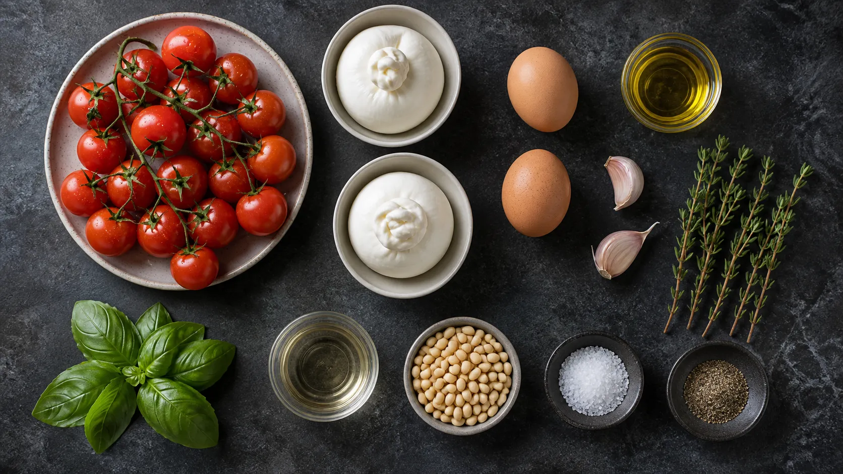 Zutaten für das Rezept: Cherry-Tomaten an der Rispe, zwei Burrata-Kugeln, Eier, Olivenöl, Knoblauch, Thymian und Pinienkerne