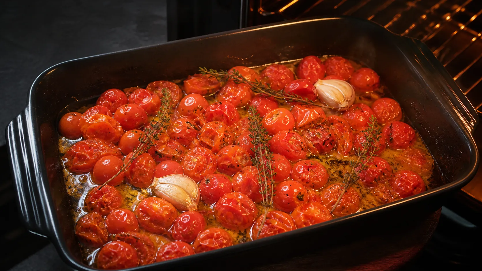 Cherry-Tomaten platzen in einer Auflaufform im Ofen auf und geben ihren Saft an das Olivenöl ab