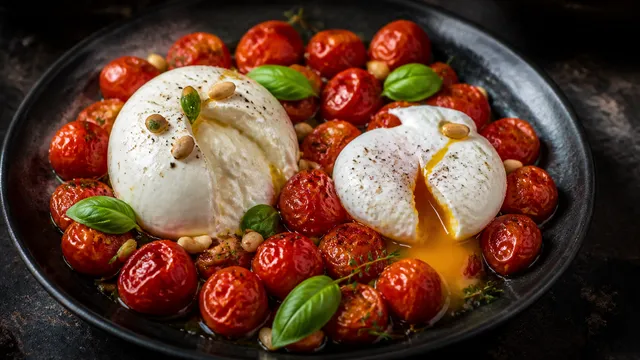 Teller mit geschmorten Cherry-Tomaten, einer aufgeschnittenen Burrata-Kugel und einem pochierten Ei mit flüssigem Dotter