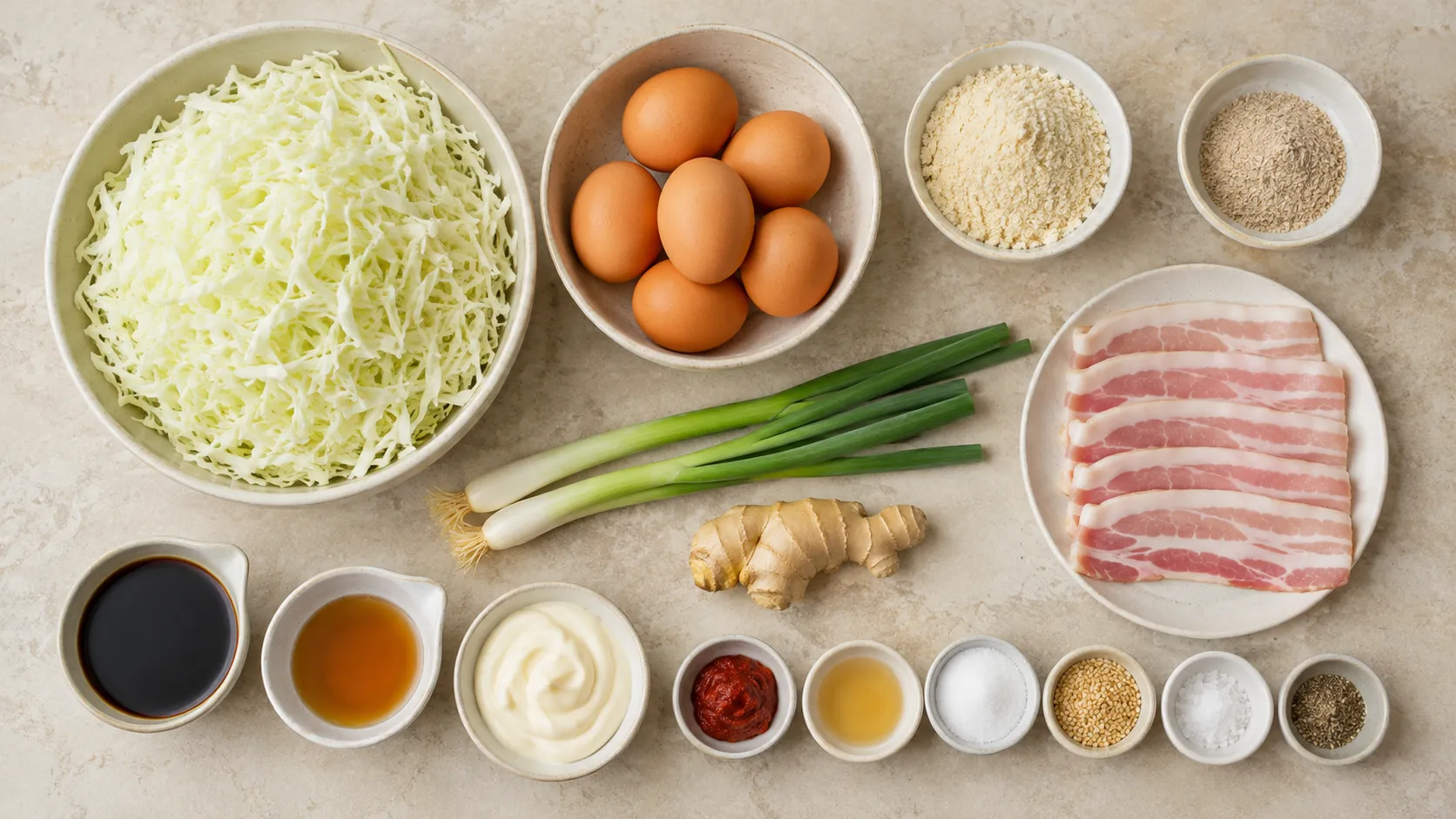 Zutaten für Keto-Okonomiyaki: fein gehobelter Weißkohl, Eier, Mandelmehl, Flohsamenschalen, Frühlingszwiebeln, Ingwer, Speckscheiben, Sojasauce, Mayonnaise und Sesam