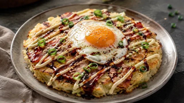 Goldbrauner Keto-Okonomiyaki aus Weißkohl auf einem Teller, darauf knuspriger Speck, ein Spiegelei, Streifen aus Mayonnaise und dunkler Sauce, Sesam und Frühlingszwiebelringe