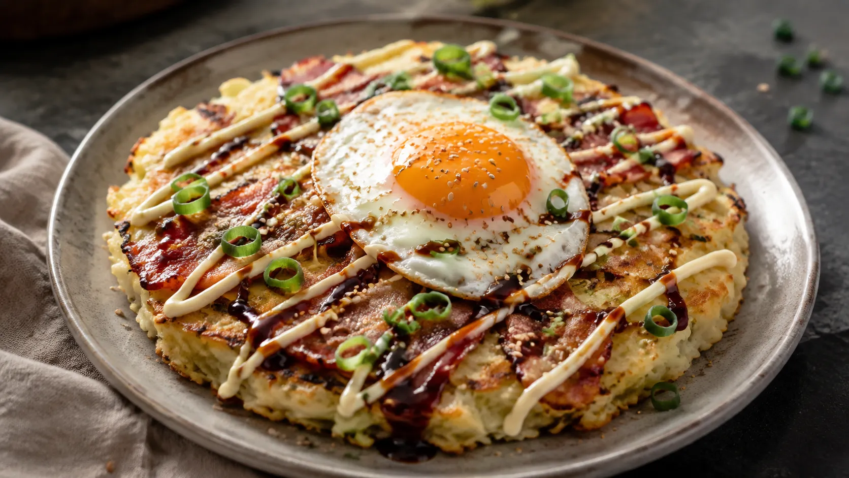 Goldbrauner Keto-Okonomiyaki aus Weißkohl auf einem Teller, darauf knuspriger Speck, ein Spiegelei, Streifen aus Mayonnaise und dunkler Sauce, Sesam und Frühlingszwiebelringe