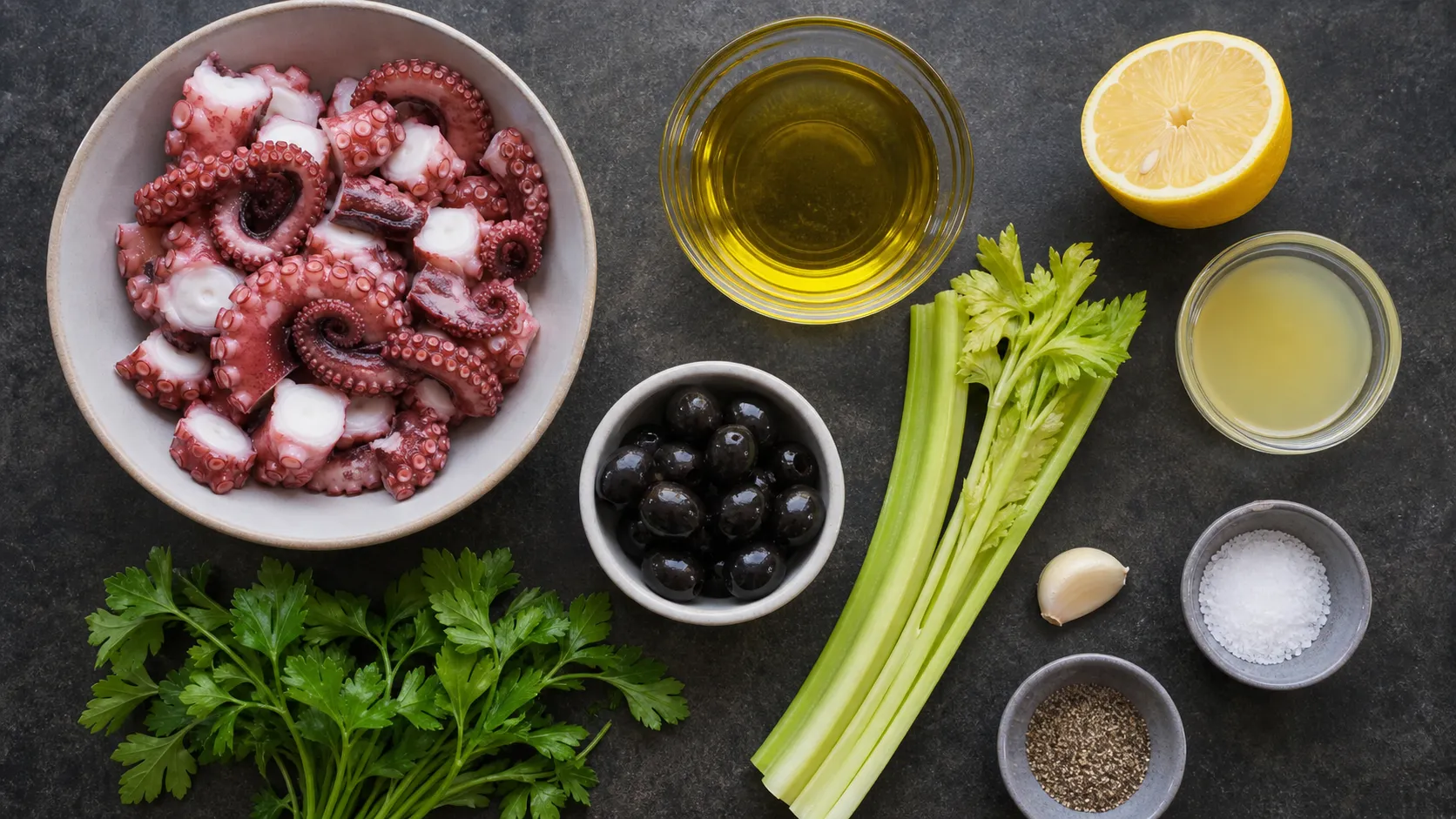 Zutaten für mediterranen Keto-Oktopussalat: gegarter Oktopus, Olivenöl, Zitrone, Sellerie, Oliven