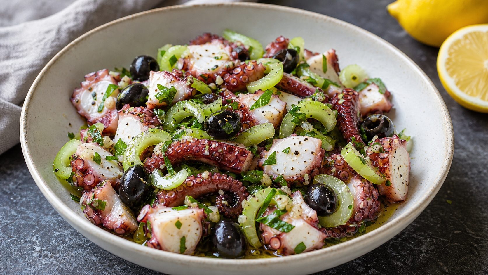 Mediterraner Keto-Oktopussalat mit Oktopusstücken, Oliven, Staudensellerie und Petersilie in einer Schüssel