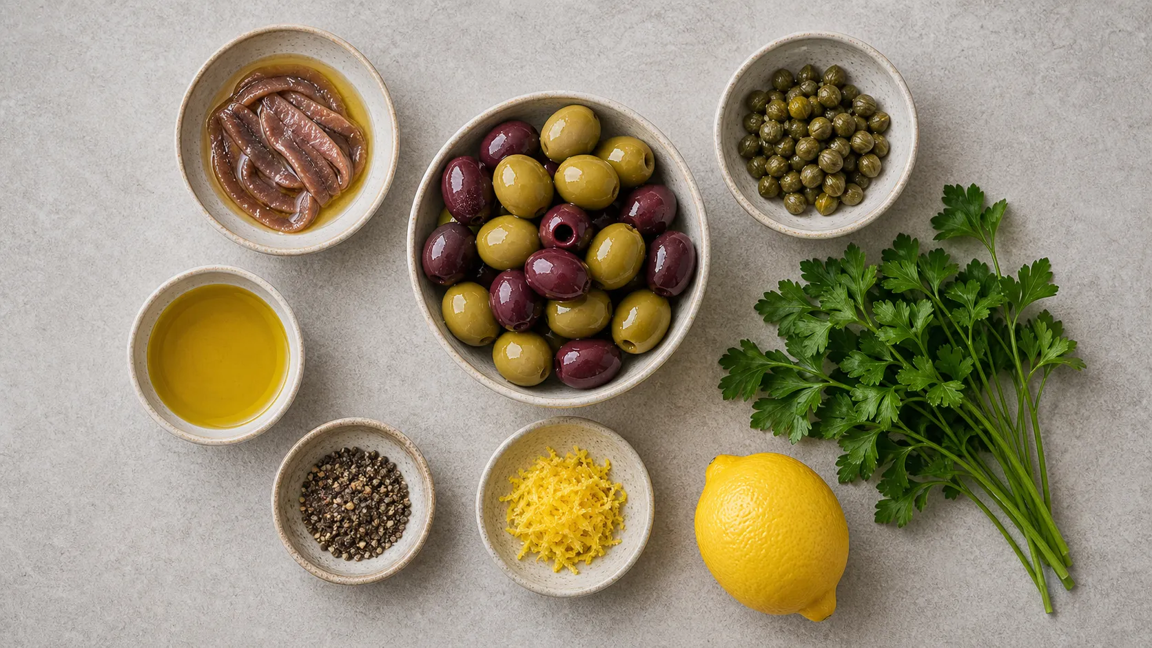 Zutaten für Keto Antipasti: verschiedene Olivensorten, Sardellen-Filets in Öl, Kapern, Zitrone und Petersilie