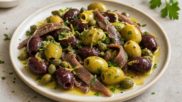 Keto Antipasti-Teller mit gemischten Oliven, Sardellen-Filets, Kapern, Zitronenzesten und Olivenöl