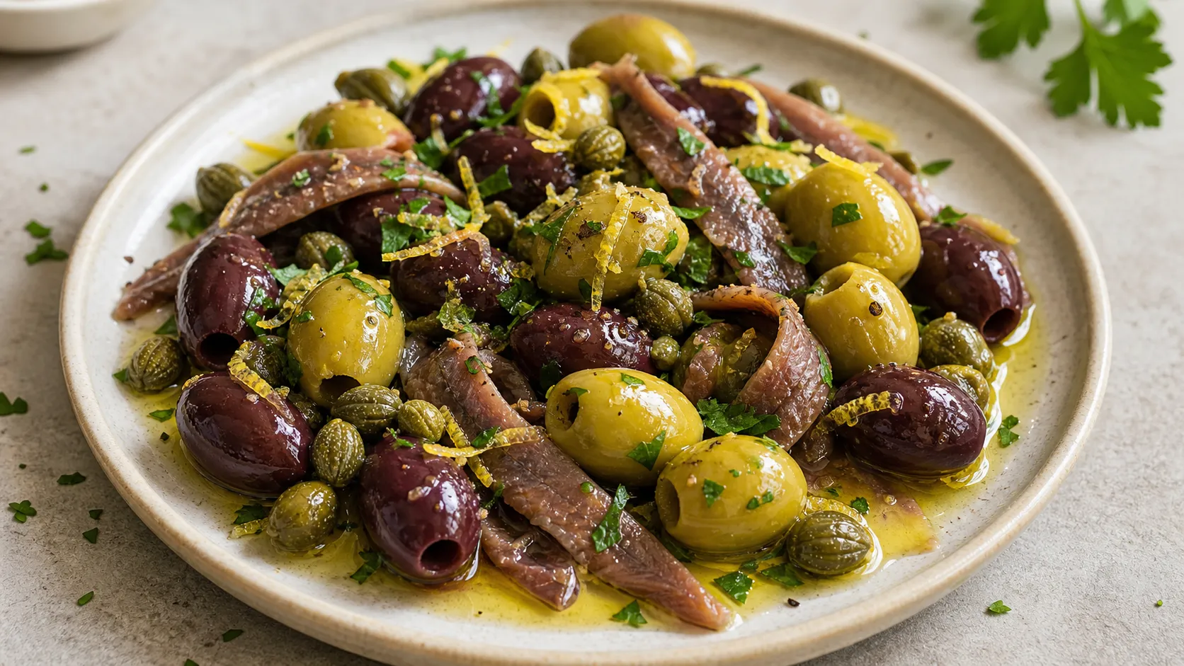 Keto Antipasti-Teller mit gemischten Oliven, Sardellen-Filets, Kapern, Zitronenzesten und Olivenöl