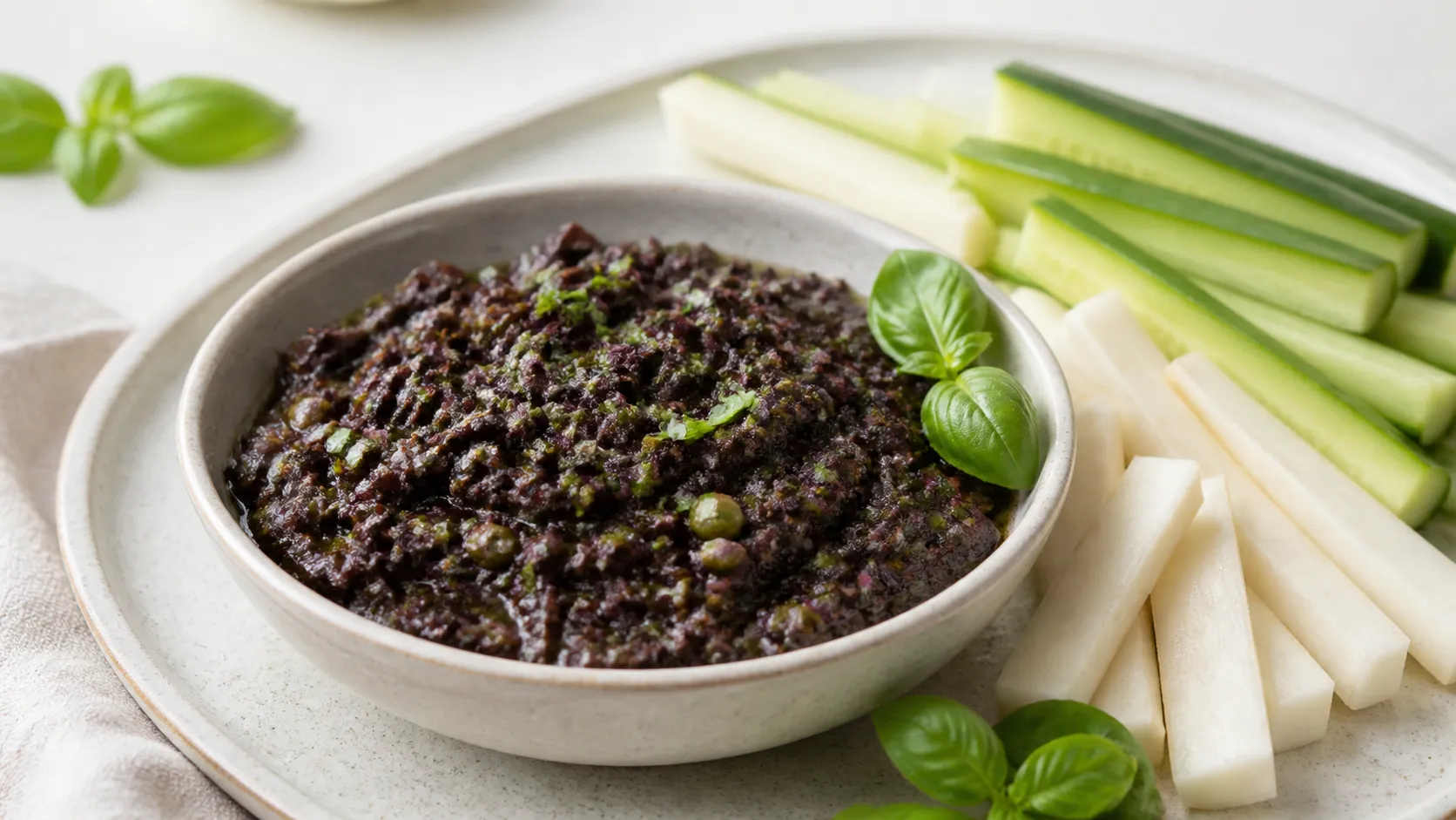 Dunkle Keto-Oliven-Tapenade in einer kleinen Schale, daneben Gurken- und Selleriesticks zum Dippen