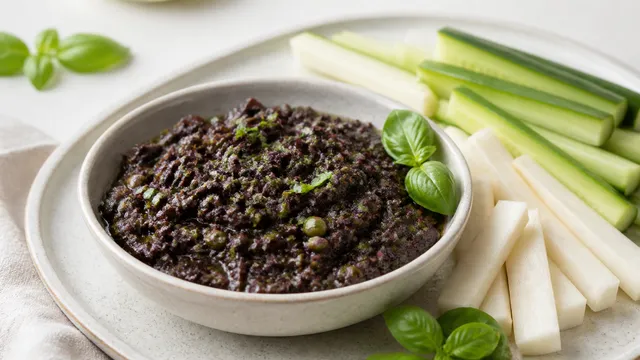 Dunkle Keto-Oliven-Tapenade in einer kleinen Schale, daneben Gurken- und Selleriesticks zum Dippen
