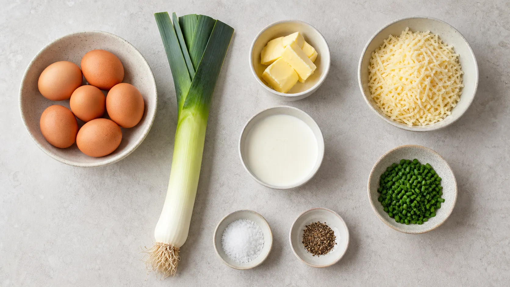 Zutaten für ein Keto-Omelett: Eier, Lauchstange, Butter, geriebener Bergkäse, Sahne und Schnittlauch