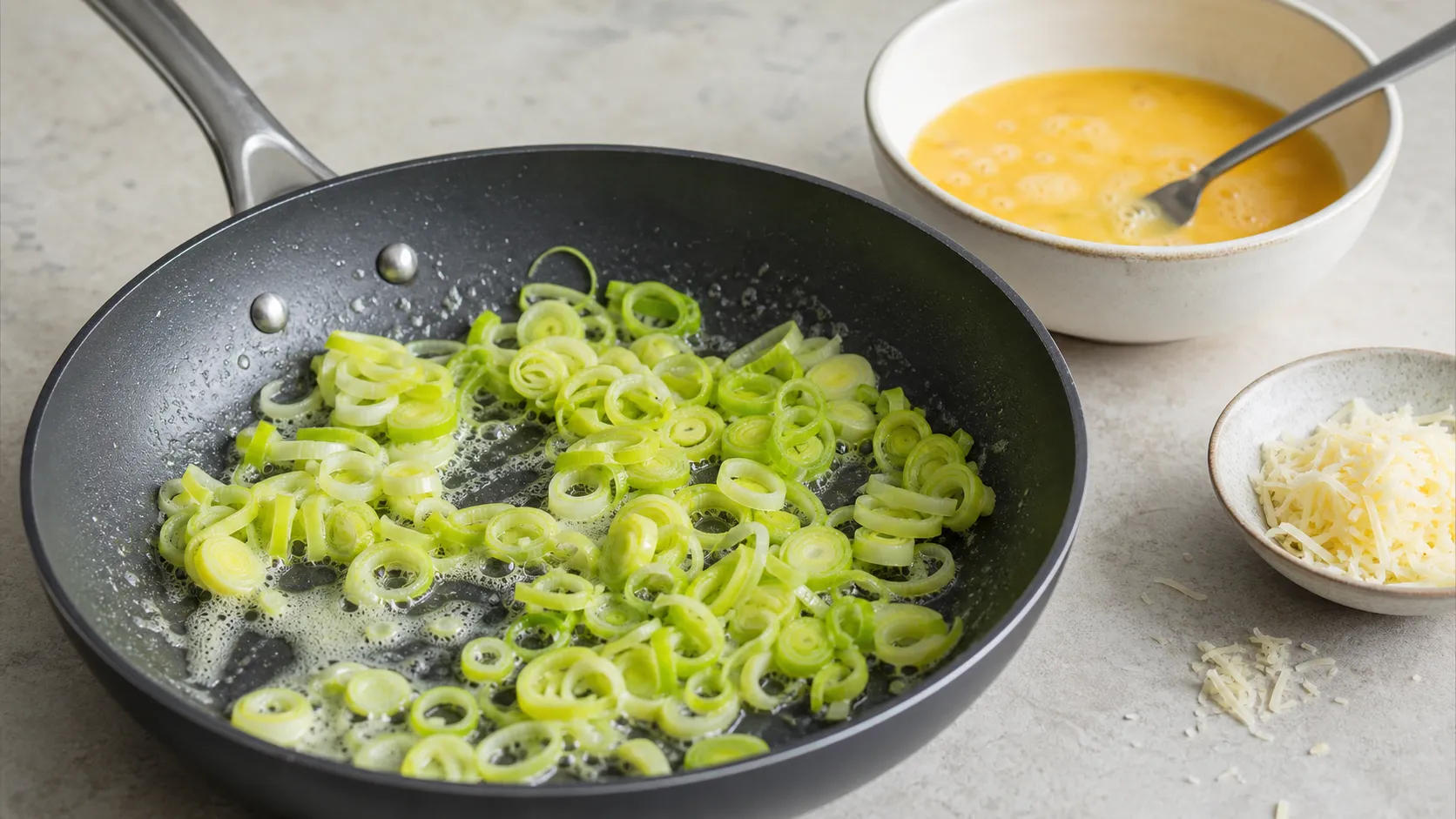 Lauchringe dünsten in Butter in einer beschichteten Pfanne, daneben die verquirlte Eimasse