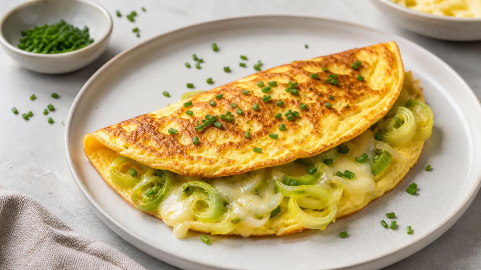 Goldgelbes Keto-Omelett mit Lauchringen und geschmolzenem Bergkäse auf einem Teller, bestreut mit Schnittlauch