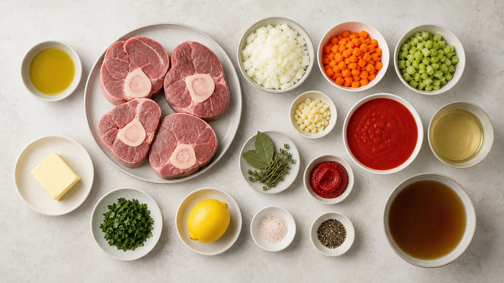 Zutaten für Keto-Osso-Buco: Kalbshaxenscheiben, Zwiebeln, Karotte, Sellerie, Tomatenmark, Weißwein, Petersilie und Zitrone