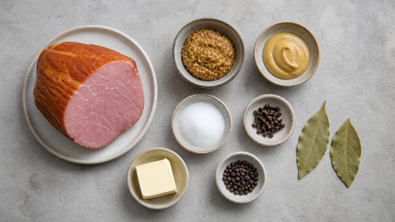 Zutaten für Keto-Osterschinken: ein Stück Kasseler, grober Senf, Erythrit, Gewürznelken, Lorbeer und Butter