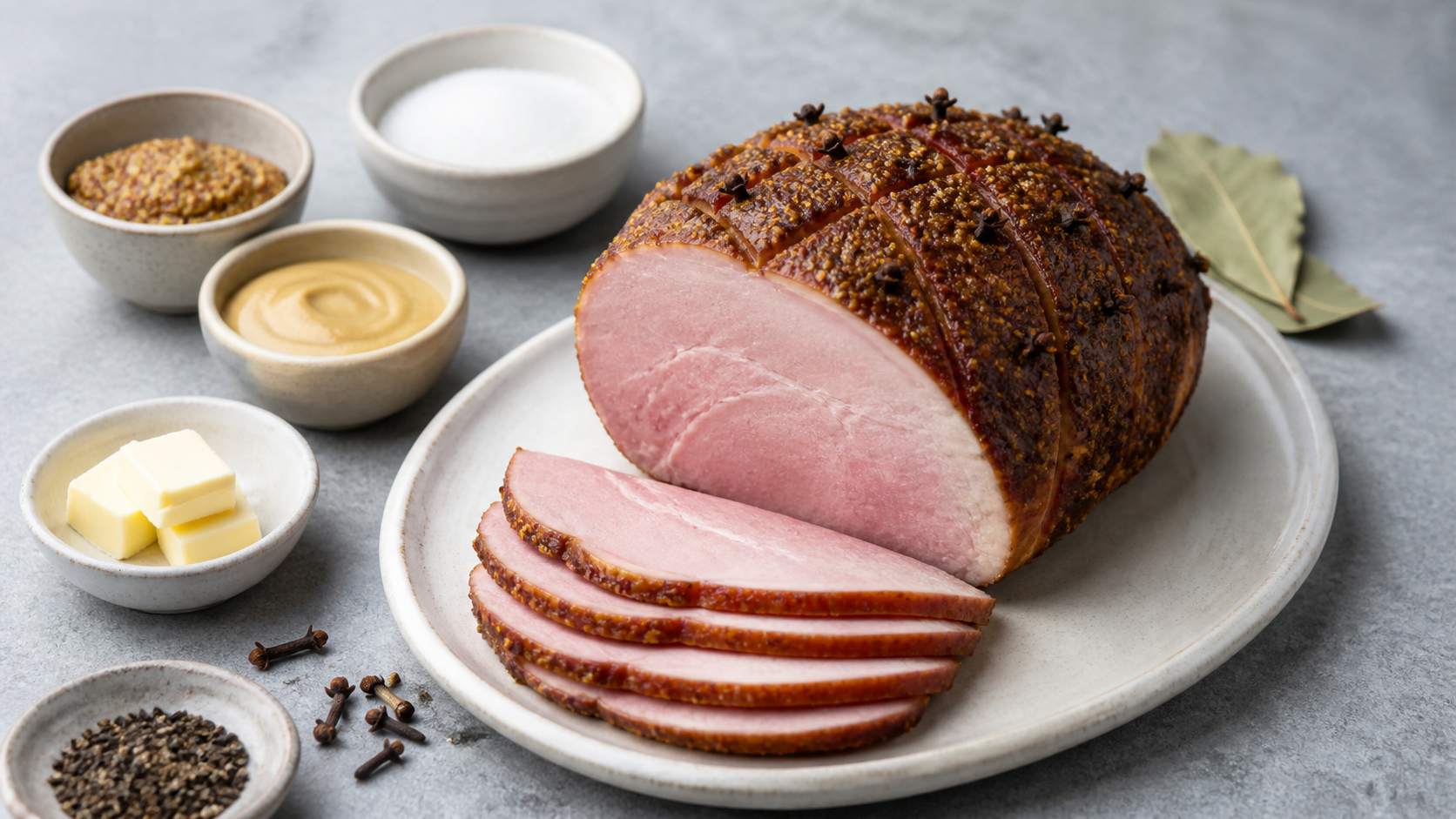 Angeschnittener Keto-Osterschinken mit dunkler Senfkruste und eingeritztem Rautenmuster auf einer Platte