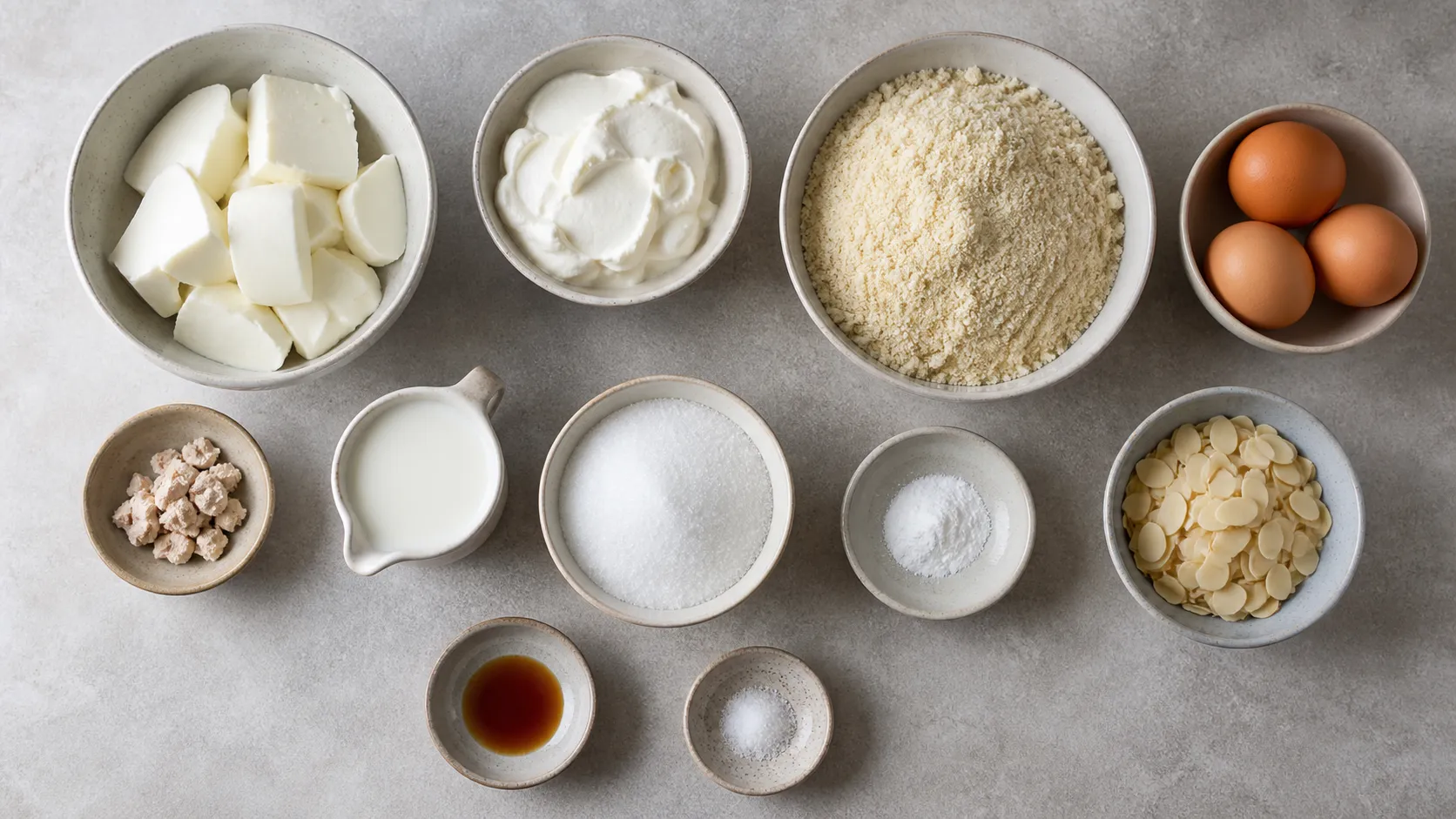 Zutaten für Keto-Osterzopf: Mozzarella, Frischkäse, Mandelmehl, Eier, Hefe, Erythrit und Mandelblättchen