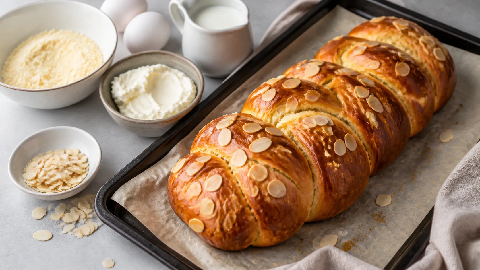 Goldbrauner geflochtener Keto-Osterzopf mit Mandelblättchen auf einem Backblech