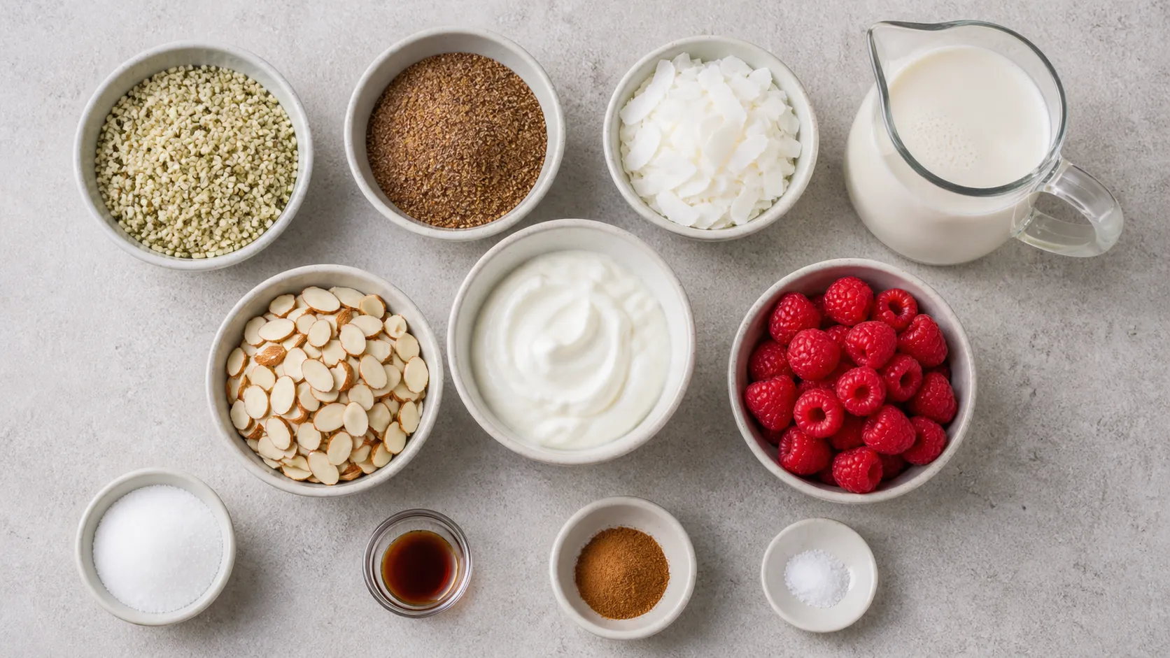 Zutaten für Keto Overnight-Müsli: Hanfsamen, geschrotete Leinsamen, Kokosraspeln, Mandeln, griechischer Joghurt, Mandeldrink und Himbeeren