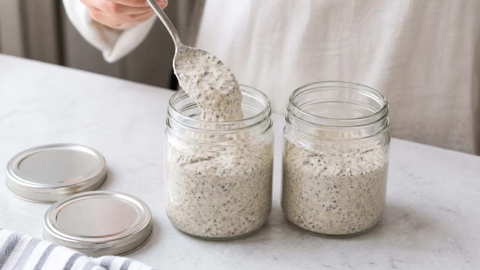 Cremige Samen-Joghurt-Mischung wird für Keto Overnight-Müsli in zwei Einmachgläser gefüllt