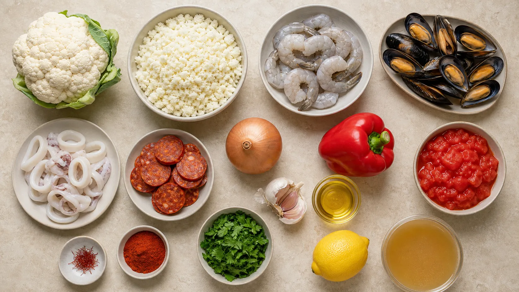 Zutaten für Keto Paella: Blumenkohl, Garnelen, Miesmuscheln, Tintenfischringe, Chorizo, Paprika, Tomaten, Knoblauch und Safranfäden