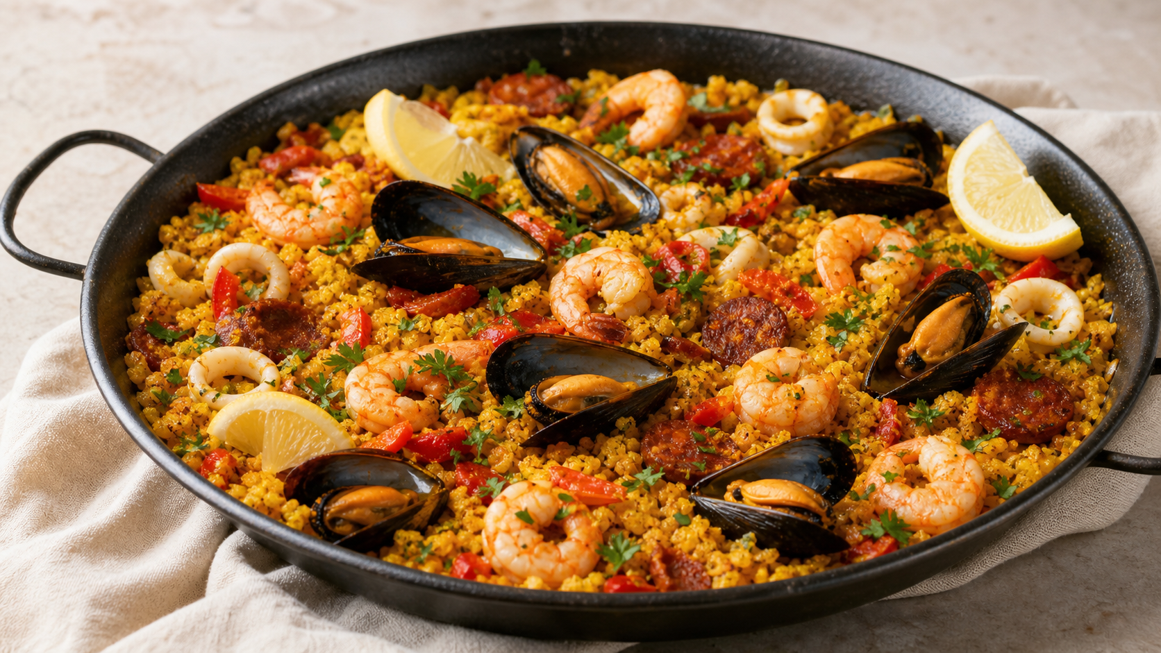 Keto Paella in einer großen Pfanne mit Garnelen, Miesmuscheln, Tintenfischringen, Chorizo, Paprika und safrangelbem Blumenkohlreis