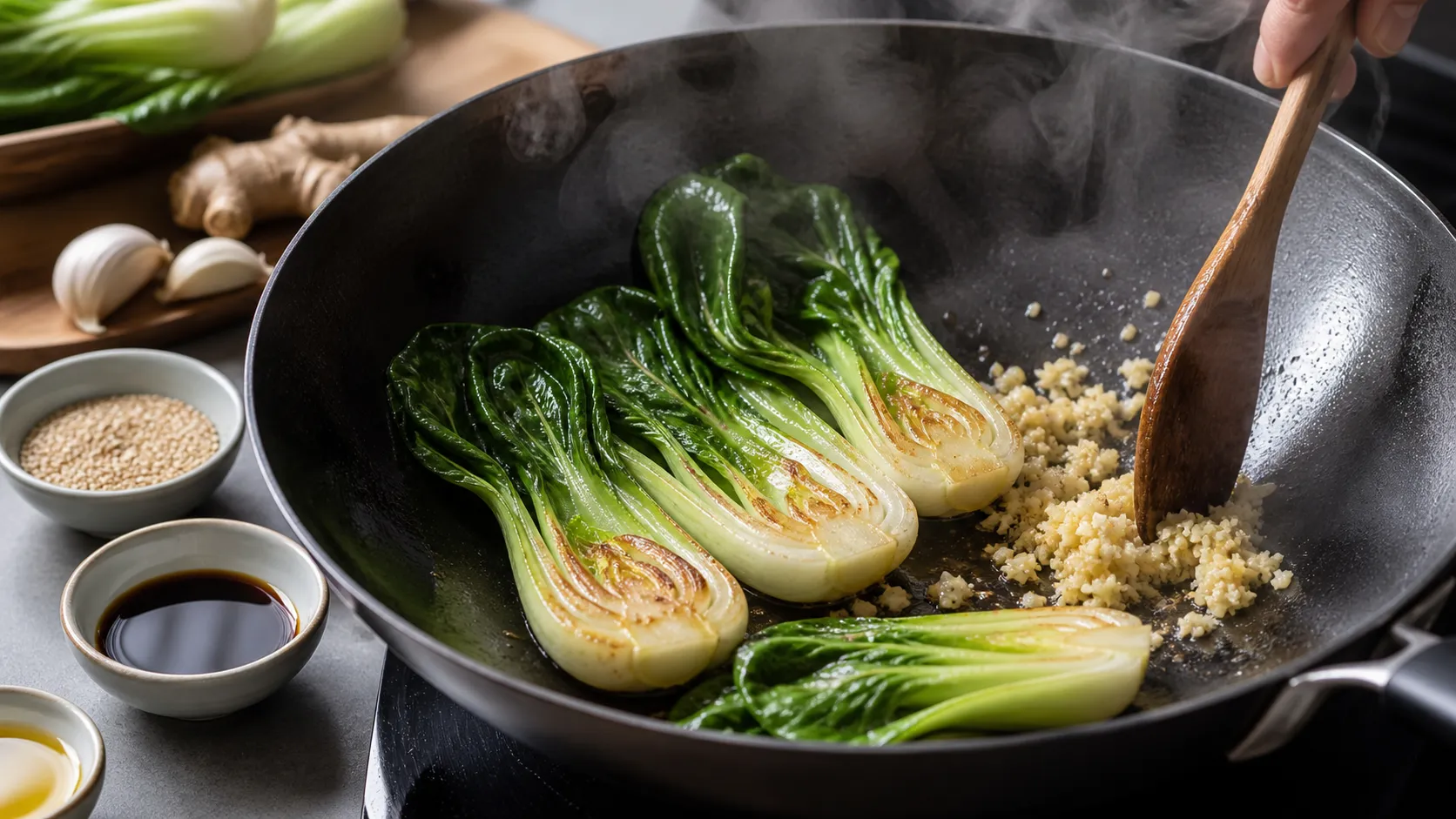 Halbierter Pak Choi brät im Wok mit Ingwer und Knoblauch, Sesam und Tamari stehen bereit