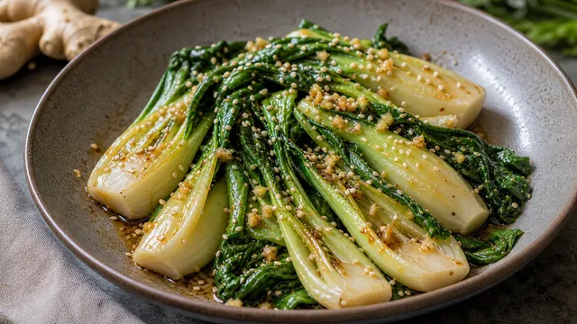 Keto-Pak Choi mit Sesam, Ingwer, Knoblauch und glänzender Tamari-Sauce im Wok