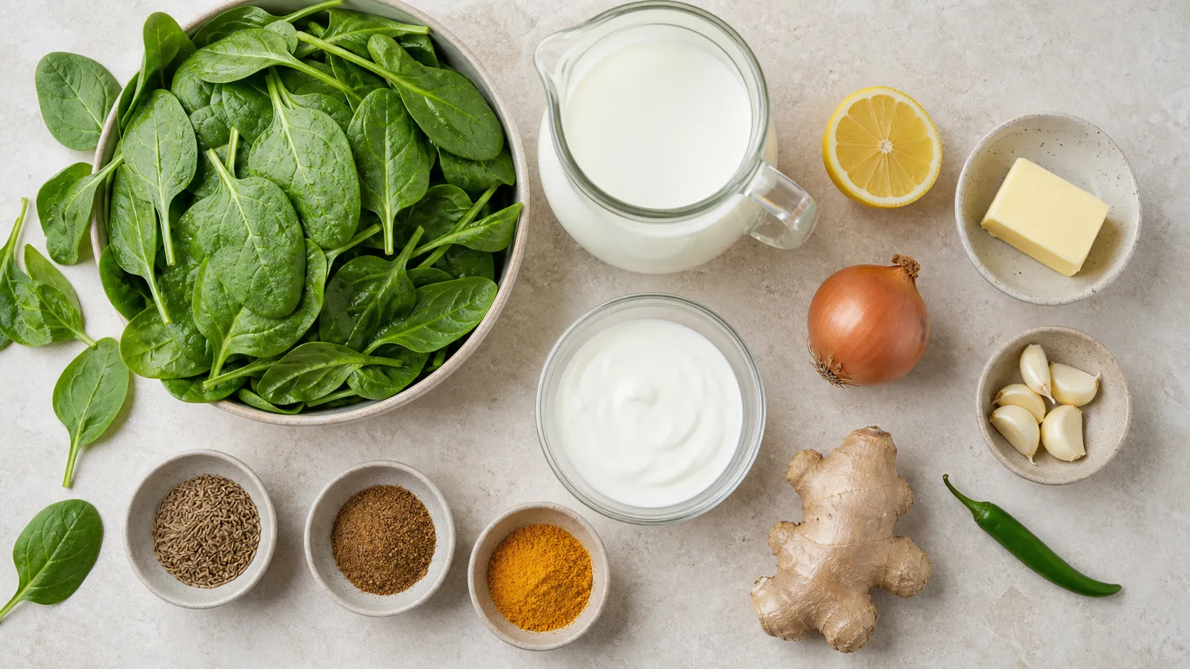 Zutaten für Keto-Palak Paneer: Vollmilch, Zitronensaft, Blattspinat, Ingwer, Knoblauch, Chili und indische Gewürze