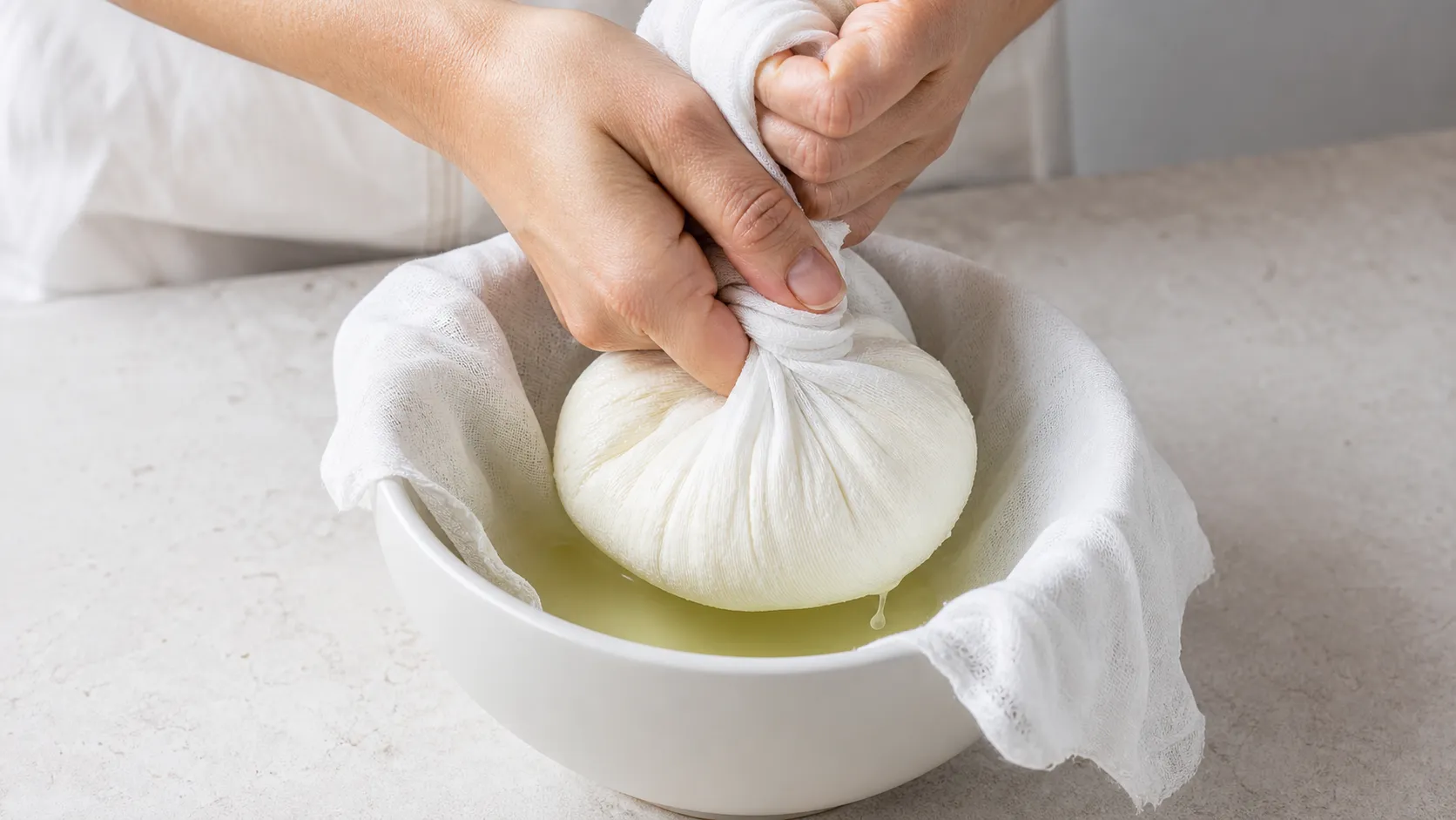 Frisch geronnene Milch wird in einem Tuch über einer Schüssel abgetropft und zu Paneer gepresst