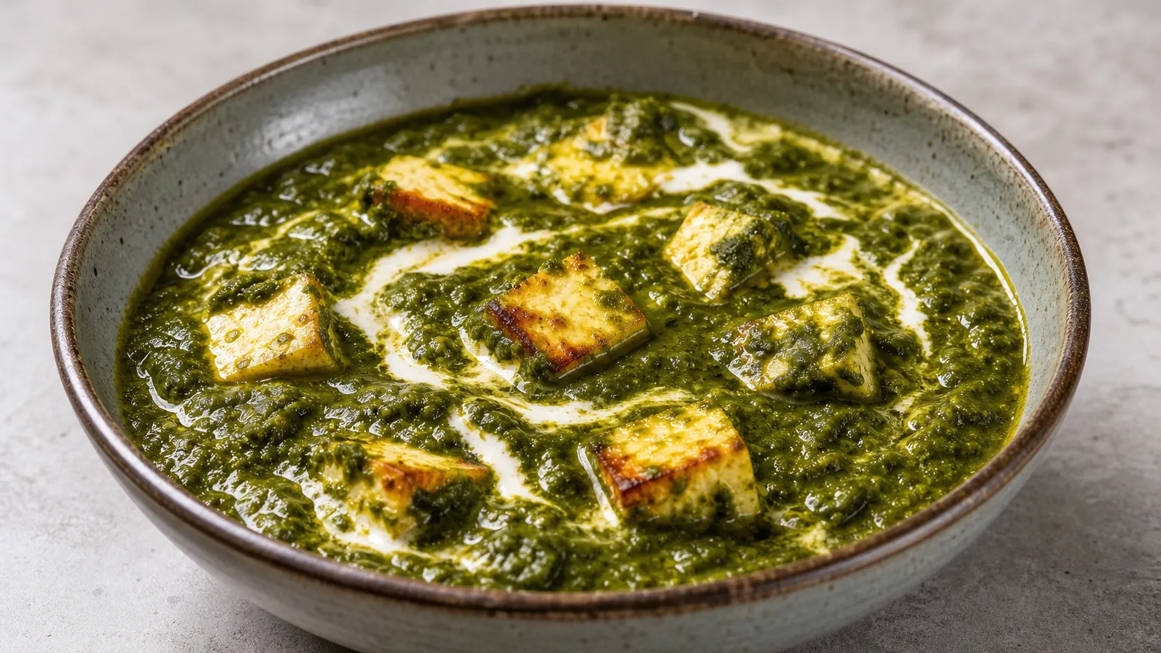 Keto-Palak Paneer in einer Schale: cremiges Spinat-Curry mit angebratenen Paneer-Würfeln und einem Sahnestrudel