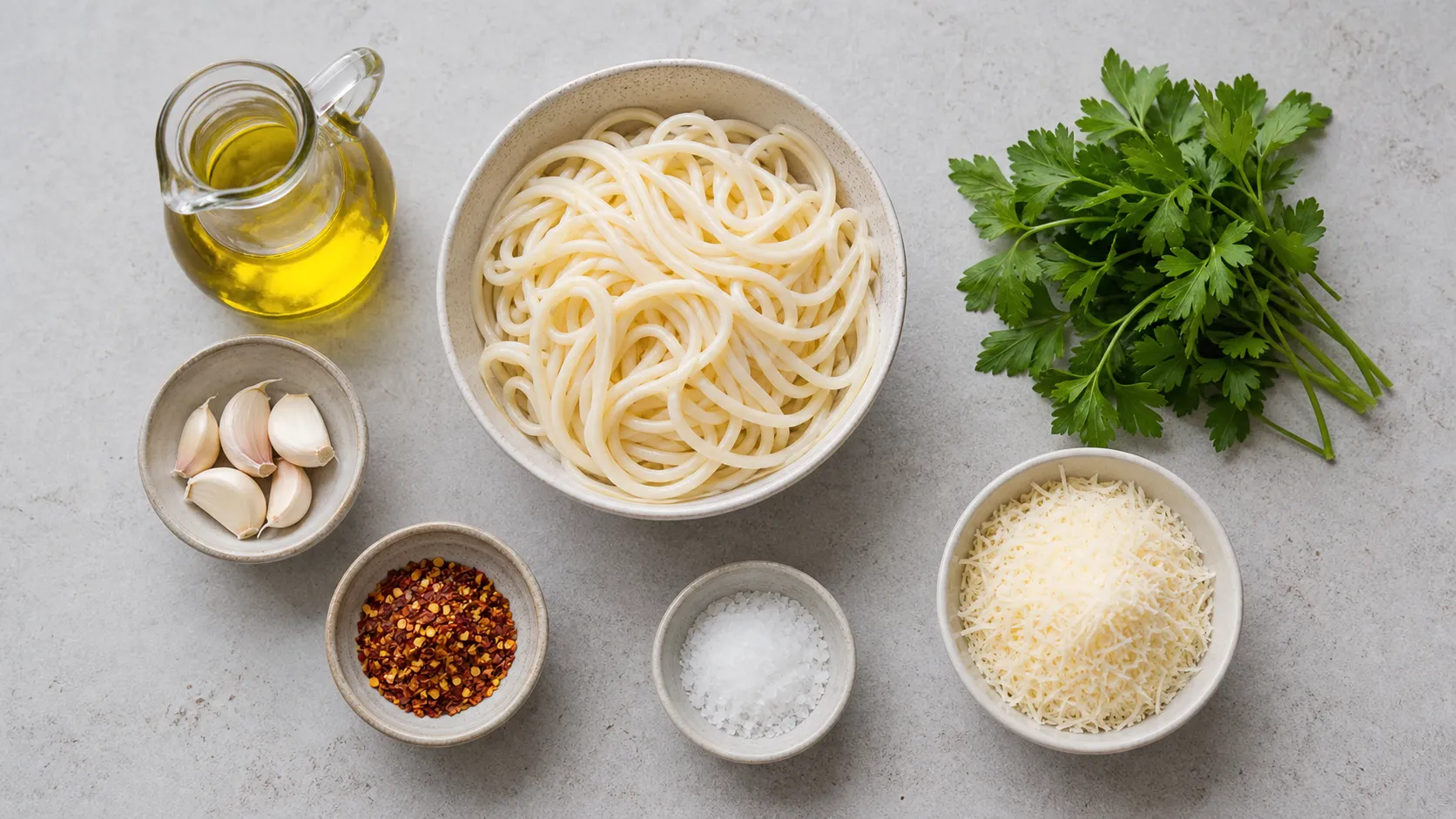 Zutaten für Keto Palmherz-Pasta Aglio e Olio: Palmherz-Spaghetti aus der Dose, Olivenöl, Knoblauch, Chiliflocken und Petersilie
