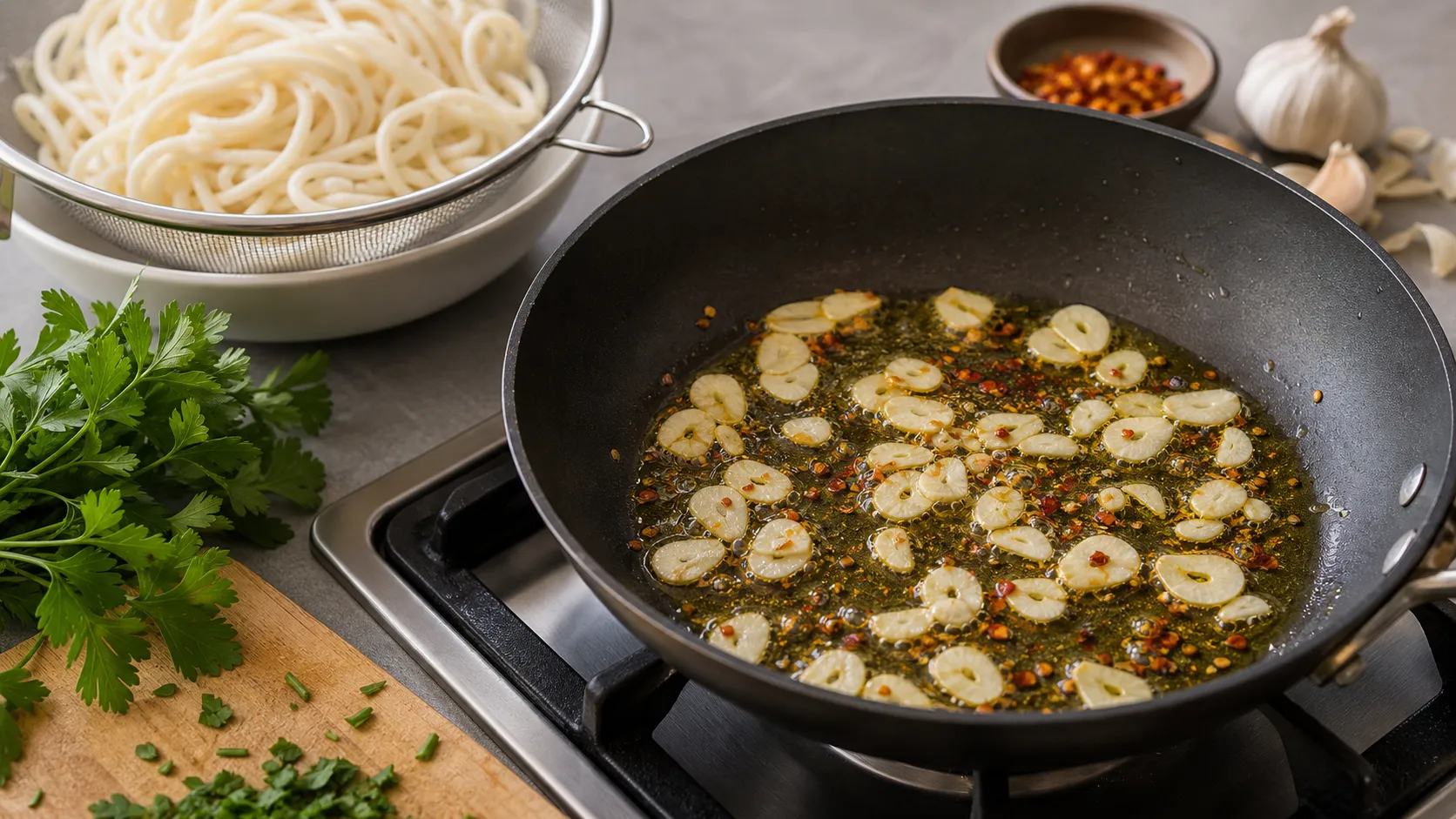 Knoblauch und Chiliflocken in Olivenöl in einer Pfanne, daneben abtropfende Palmherz-Spaghetti